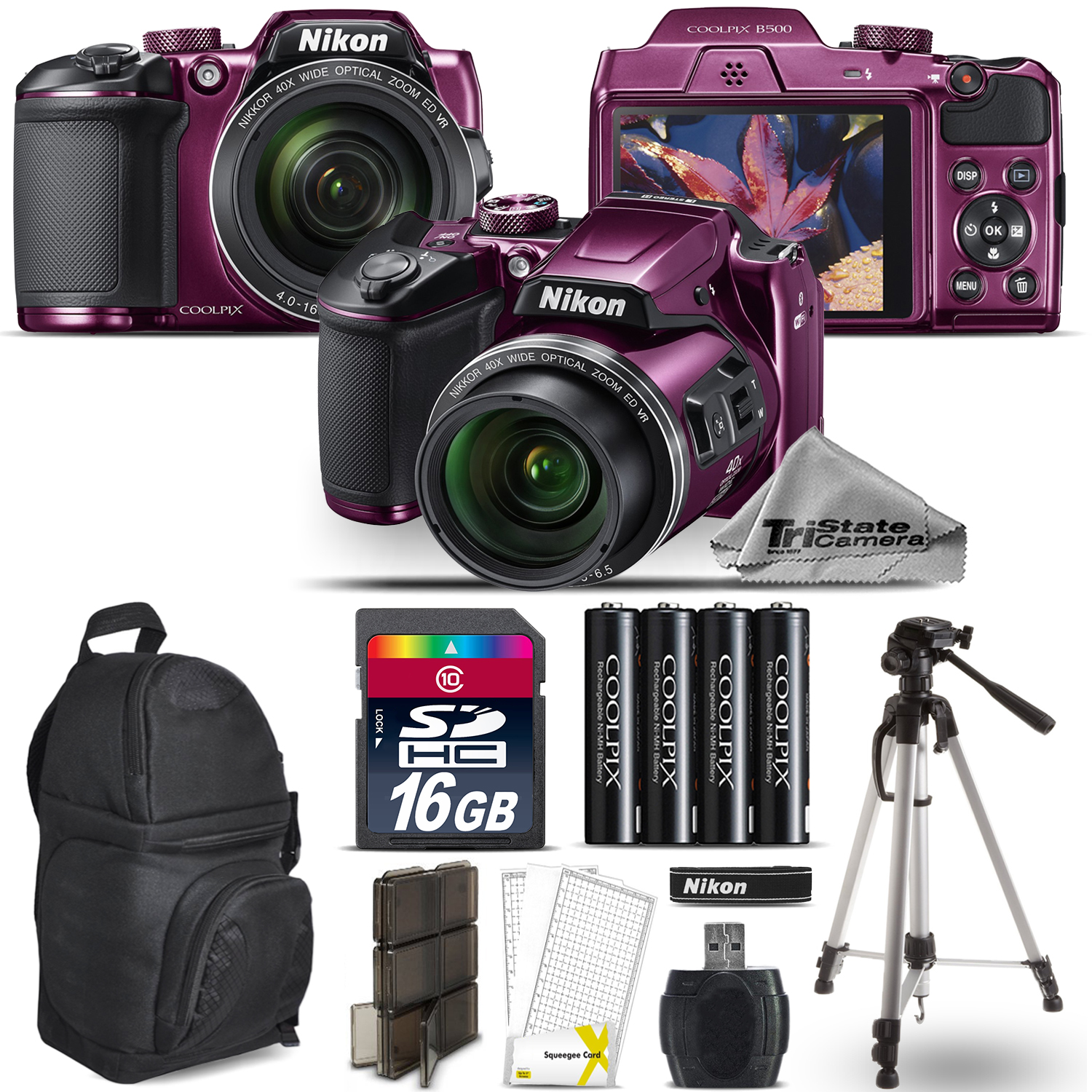 COOLPIX B500 Plum Camera 40x Optical Zoom + Tripod + Backpack - 16GB Kit *FREE SHIPPING*