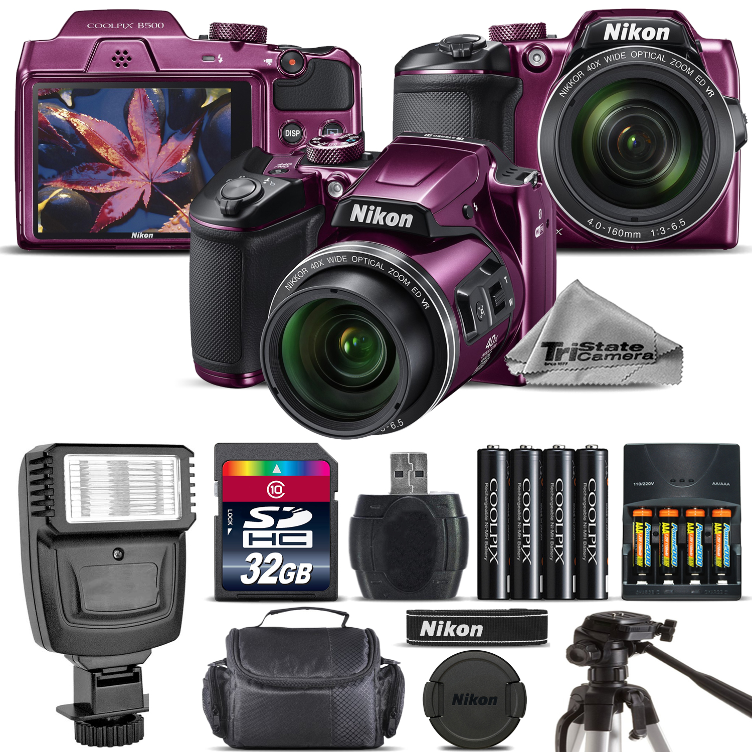 COOLPIX B500 Camera Plum 40x Zoom + Flash + Tripod + Case -32GB Kit Bundle *FREE SHIPPING*