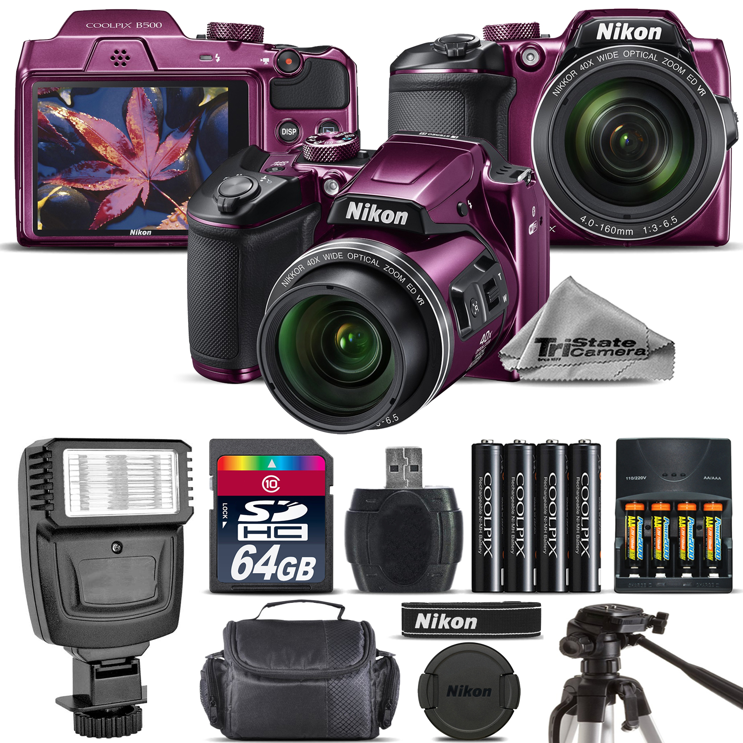 COOLPIX B500 Camera Plum 40x Zoom + Flash + Tripod + Case -64GB Kit Bundle *FREE SHIPPING*