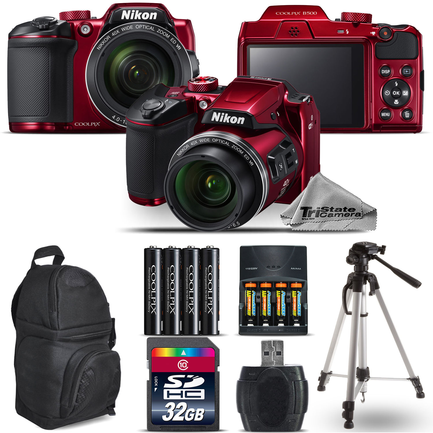 COOLPIX B500 RED Camera 40x Zoom + Extra Battery + Backpack - 32GB Bundle *FREE SHIPPING*
