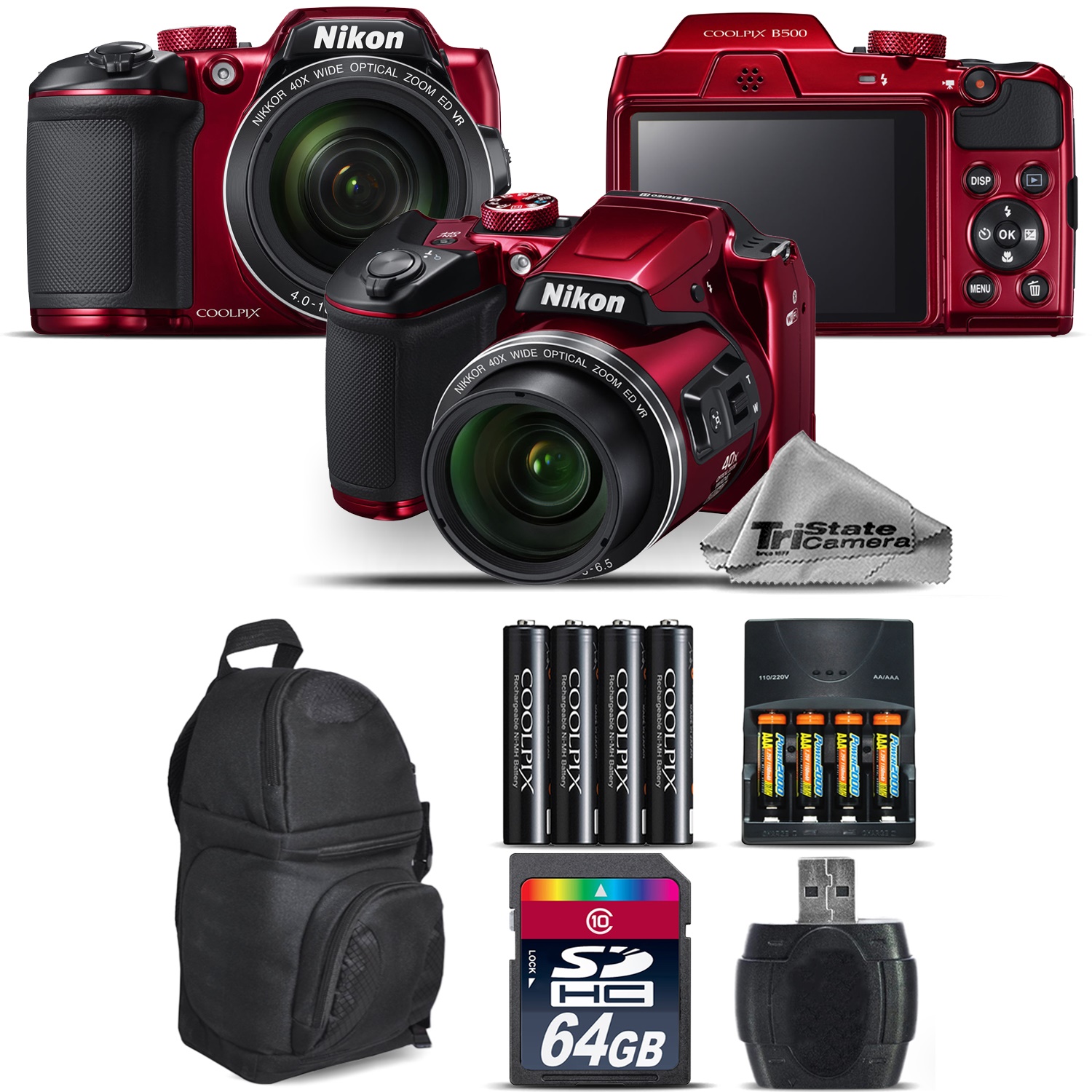 COOLPIX B500 RED Camera 40x Zoom + Extra Battery + Backpack - 64GB Bundle *FREE SHIPPING*