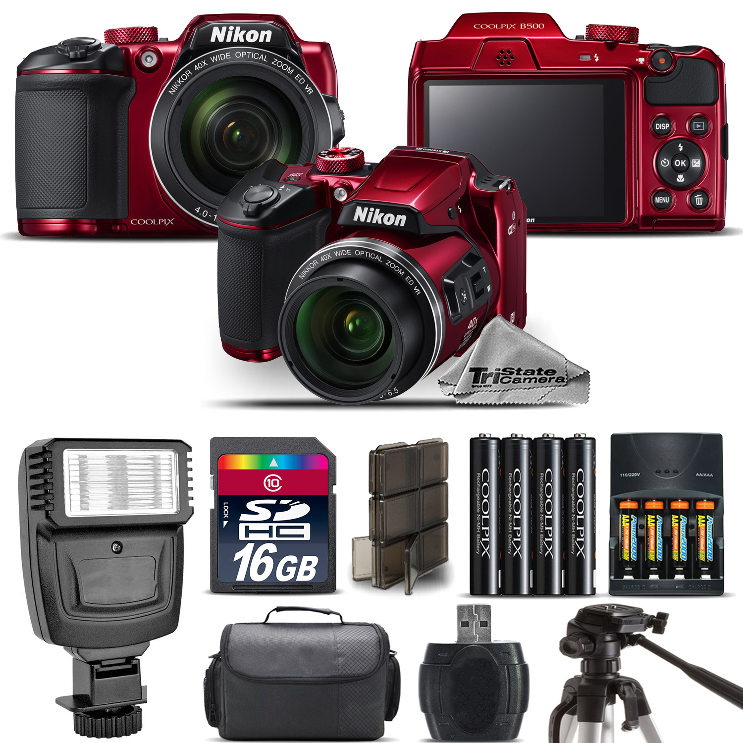 COOLPIX B500 RED Camera 40x Optical Zoom + Flash + Case - 16GB Kit Bundle *FREE SHIPPING*
