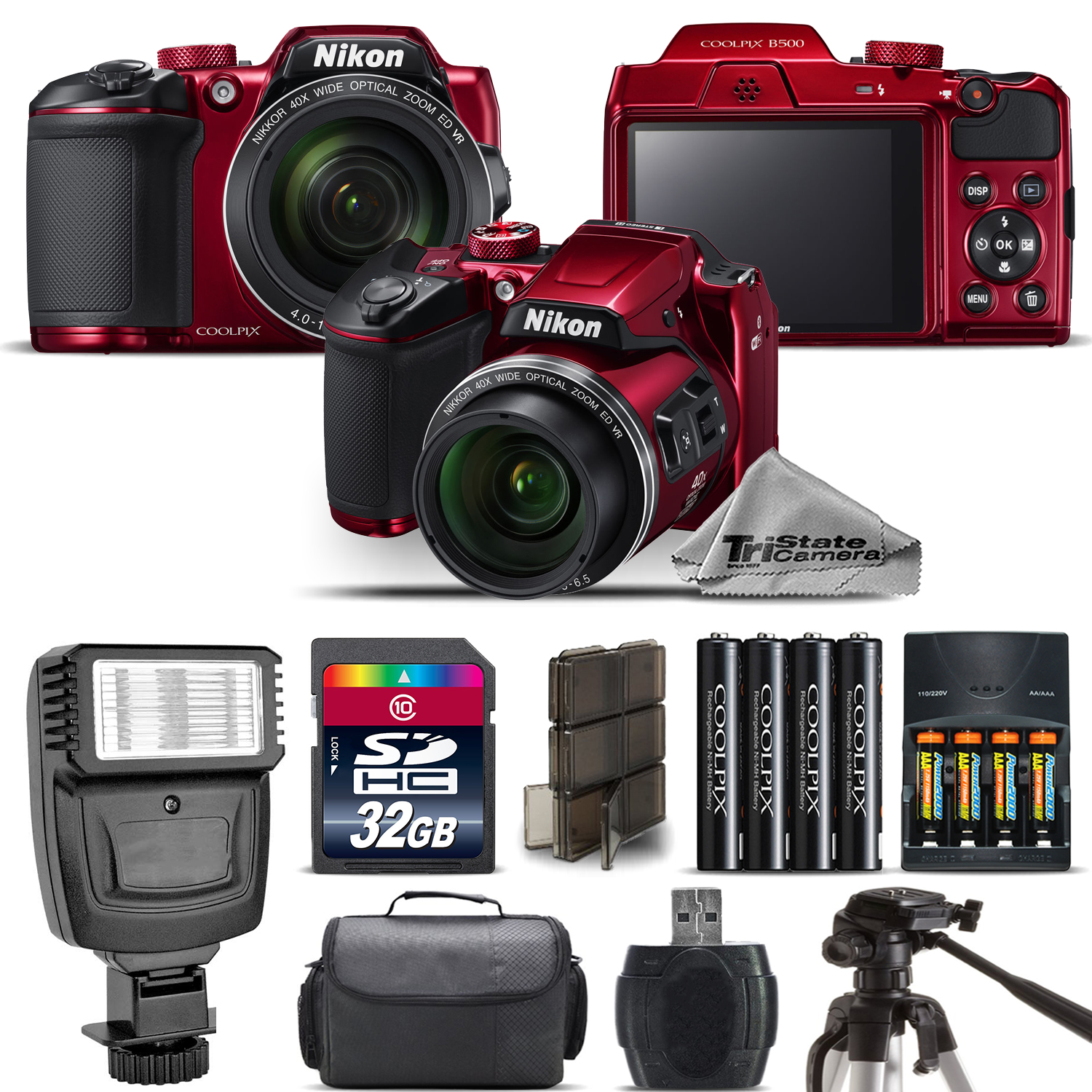 COOLPIX B500 RED Camera 40x Optical Zoom + Flash + Case - 32GB Kit Bundle *FREE SHIPPING*