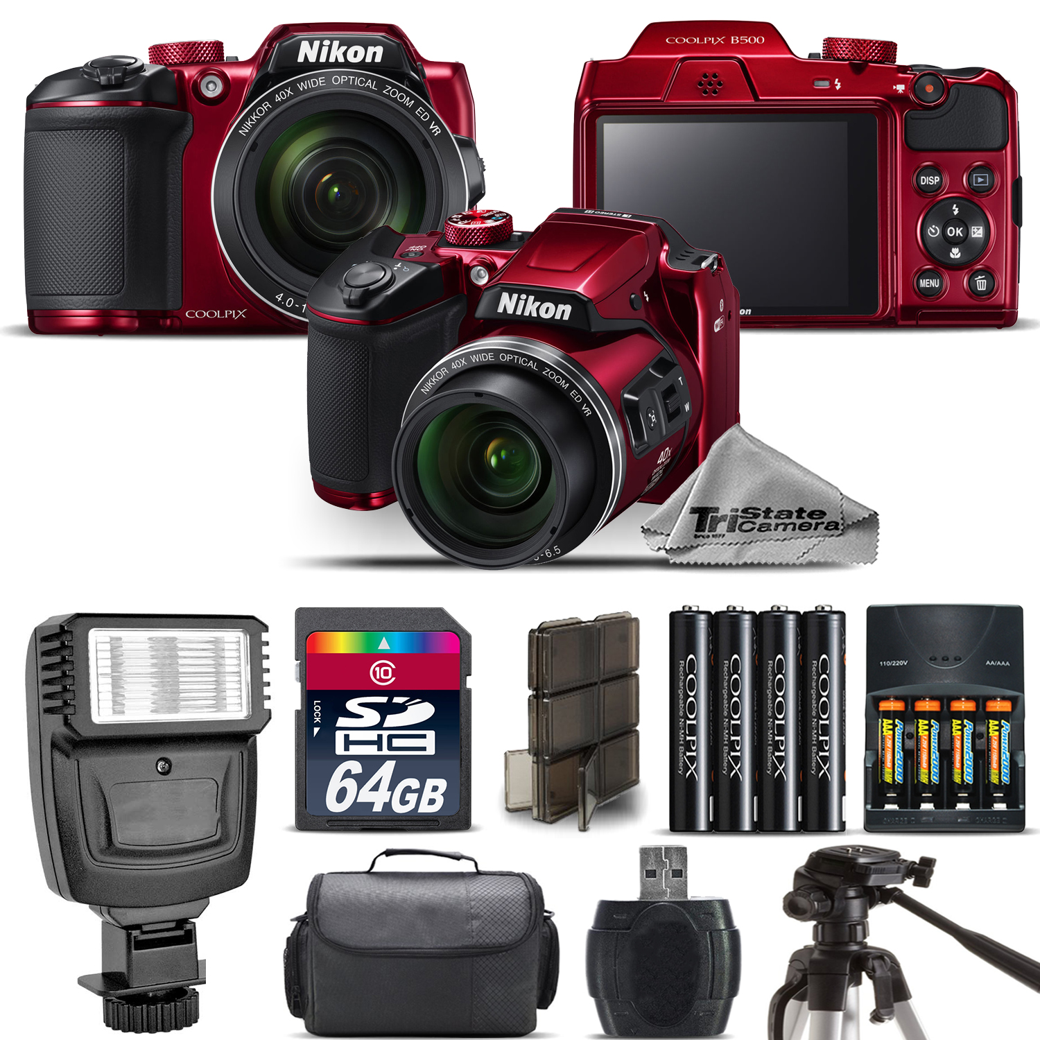 COOLPIX B500 RED Camera 40x Optical Zoom + Flash + Case - 64GB Kit Bundle *FREE SHIPPING*