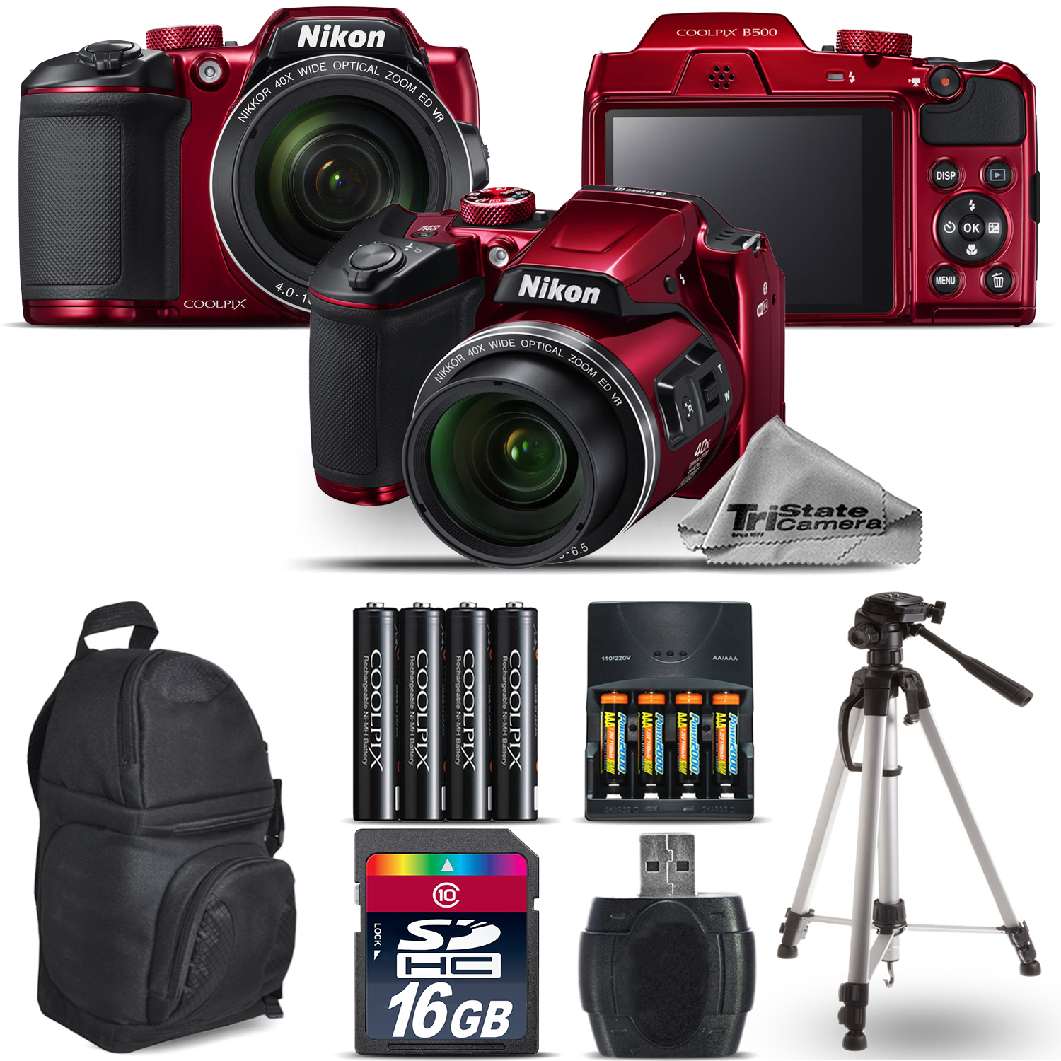 COOLPIX B500 RED Camera 40x Zoom + Extra Battery + Backpack - 16GB Bundle *FREE SHIPPING*