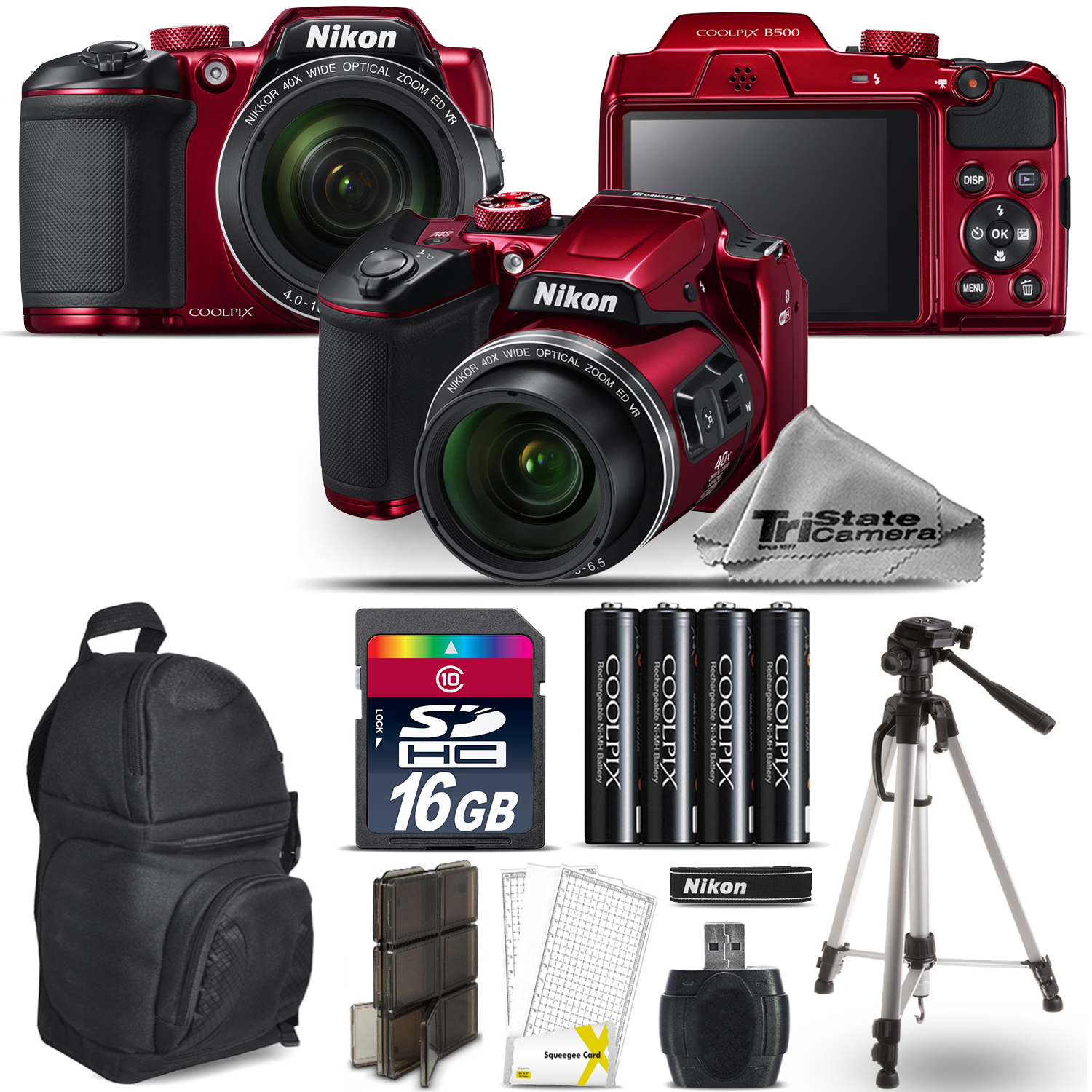 COOLPIX B500 RED Camera 40x Optical Zoom + Tripod + Backpack - 16GB Kit *FREE SHIPPING*