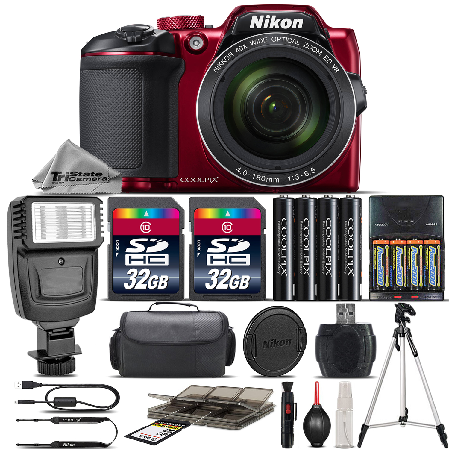 COOLPIX B500 Digital 40x Zoom Camera RED + Flash + 64GB Storage + Case *FREE SHIPPING*