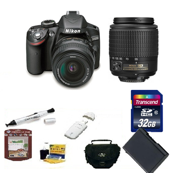 D3200 Double Zoom Lens DSLR Camera Kit  + 32GB Memory Card + Spare Battery + Deluxe SLR Carrying Case + Memory Card Reader + Camera/Lens Cleaning Kit + Pen Style LCD Screen Cleaner + LCD Screen Protectors *FREE SHIPPING*