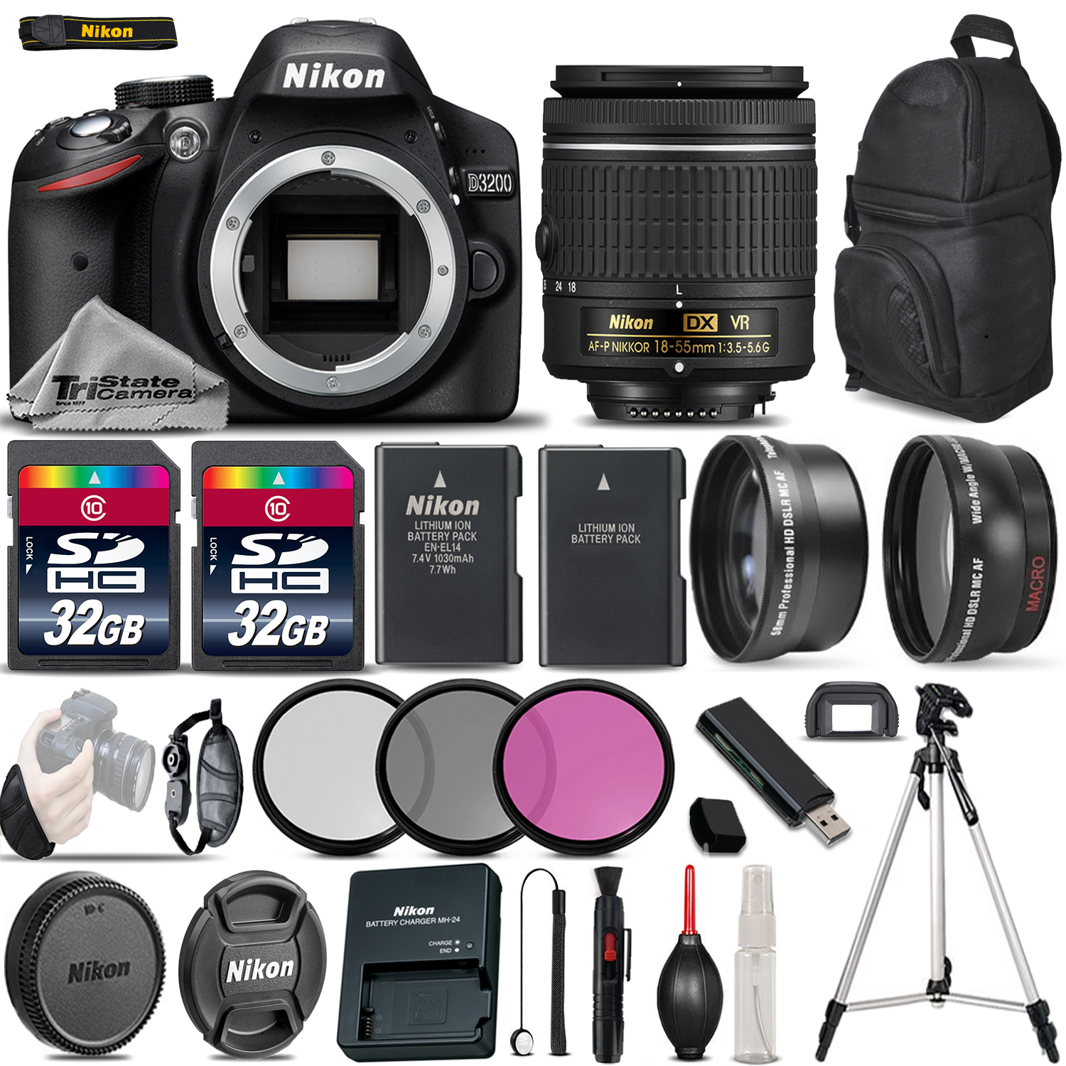 D3200 Digital SLR Camera + 3 Lens 18-55mm VR + 64GB -Great Saving Full Kit *FREE SHIPPING*