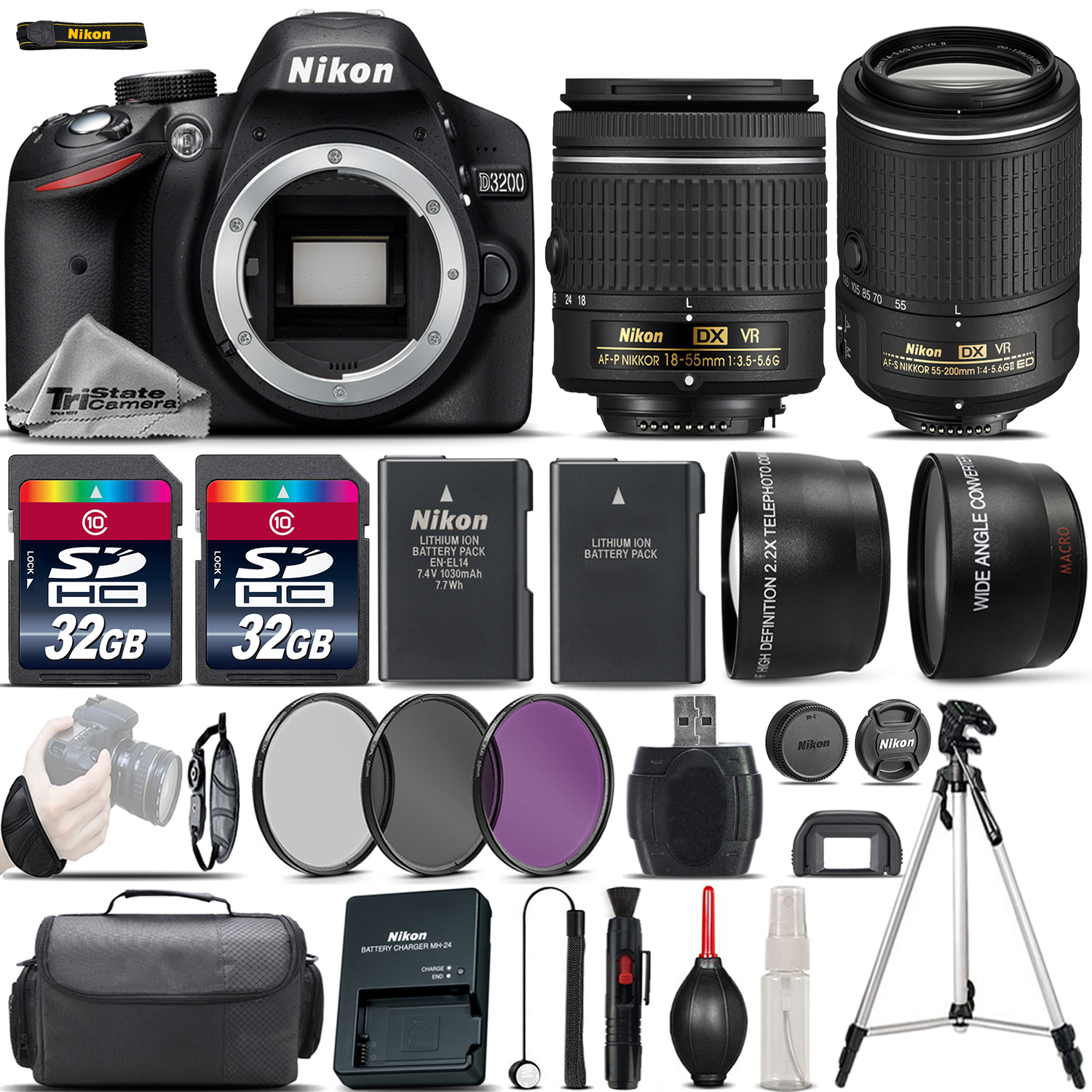 D3200 Digital SLR Camera + 18-55mm VR + 55-200mm VR II + 64GB - 4 Lens Kit *FREE SHIPPING*