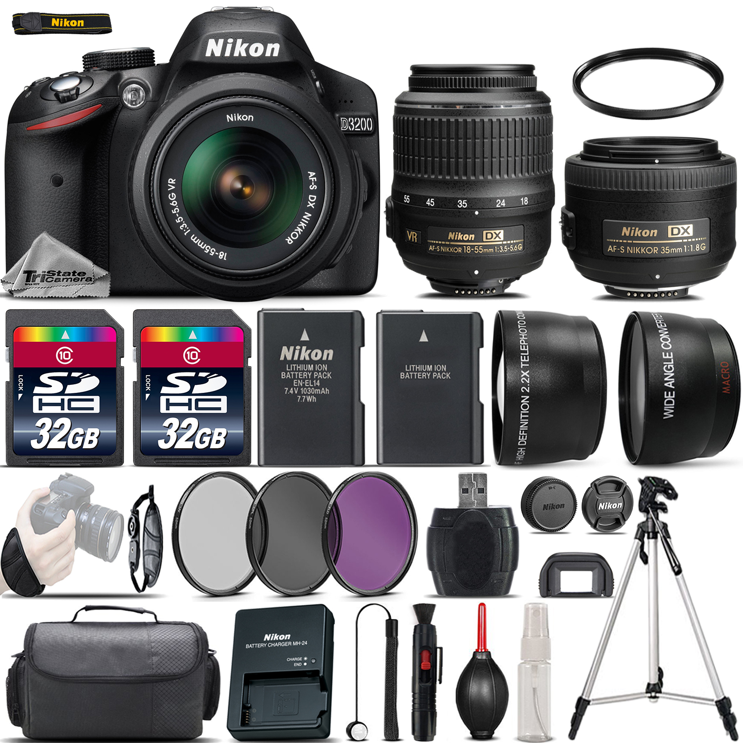 D3200 Digital SLR Camera + 18-55mm VR + 35mm 1.8G Lens + 64GB - 4 Lens Kit *FREE SHIPPING*