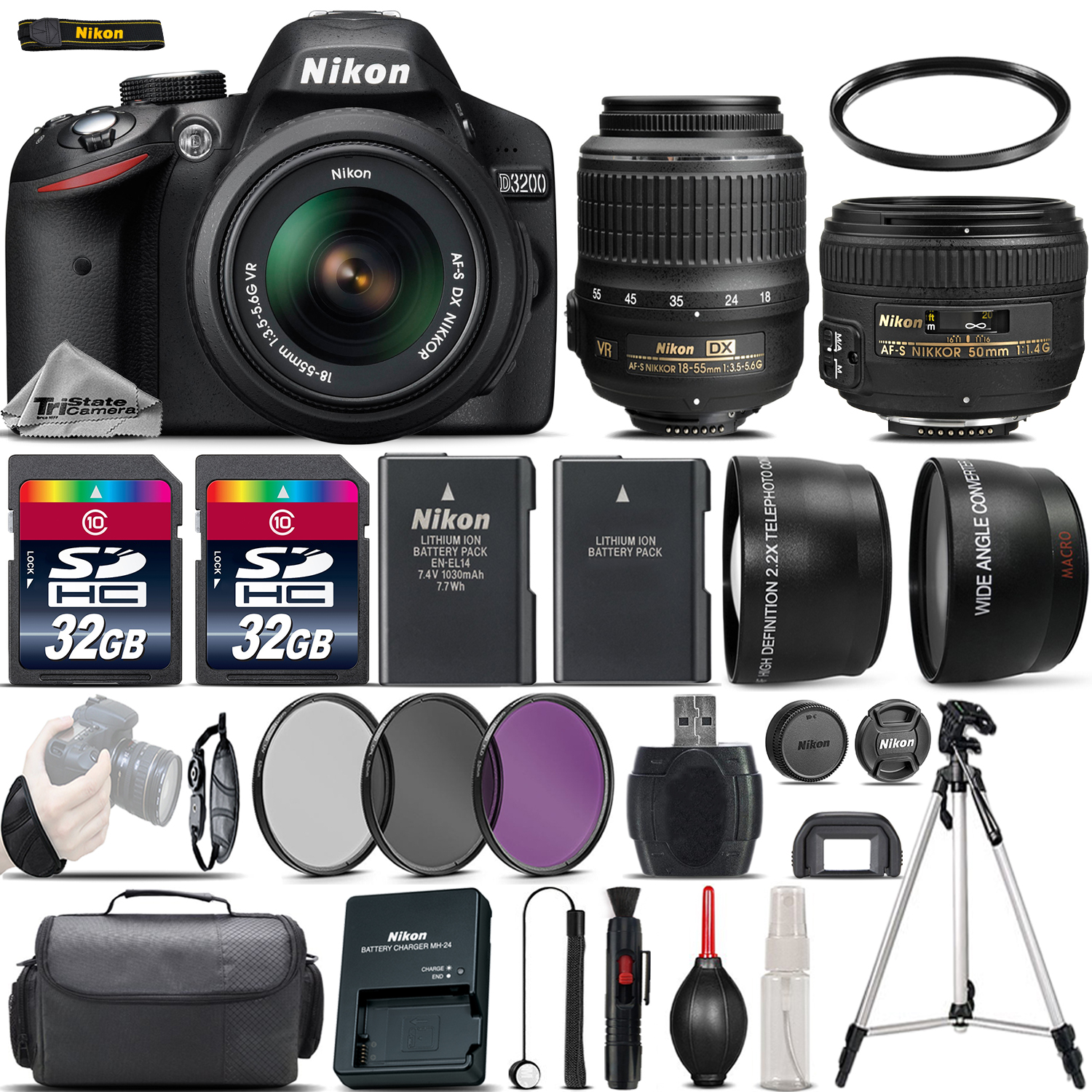 D3200 Digital SLR Camera + 18-55mm VR + 50mm 1.4G Lens + 64GB - 4 Lens Kit *FREE SHIPPING*