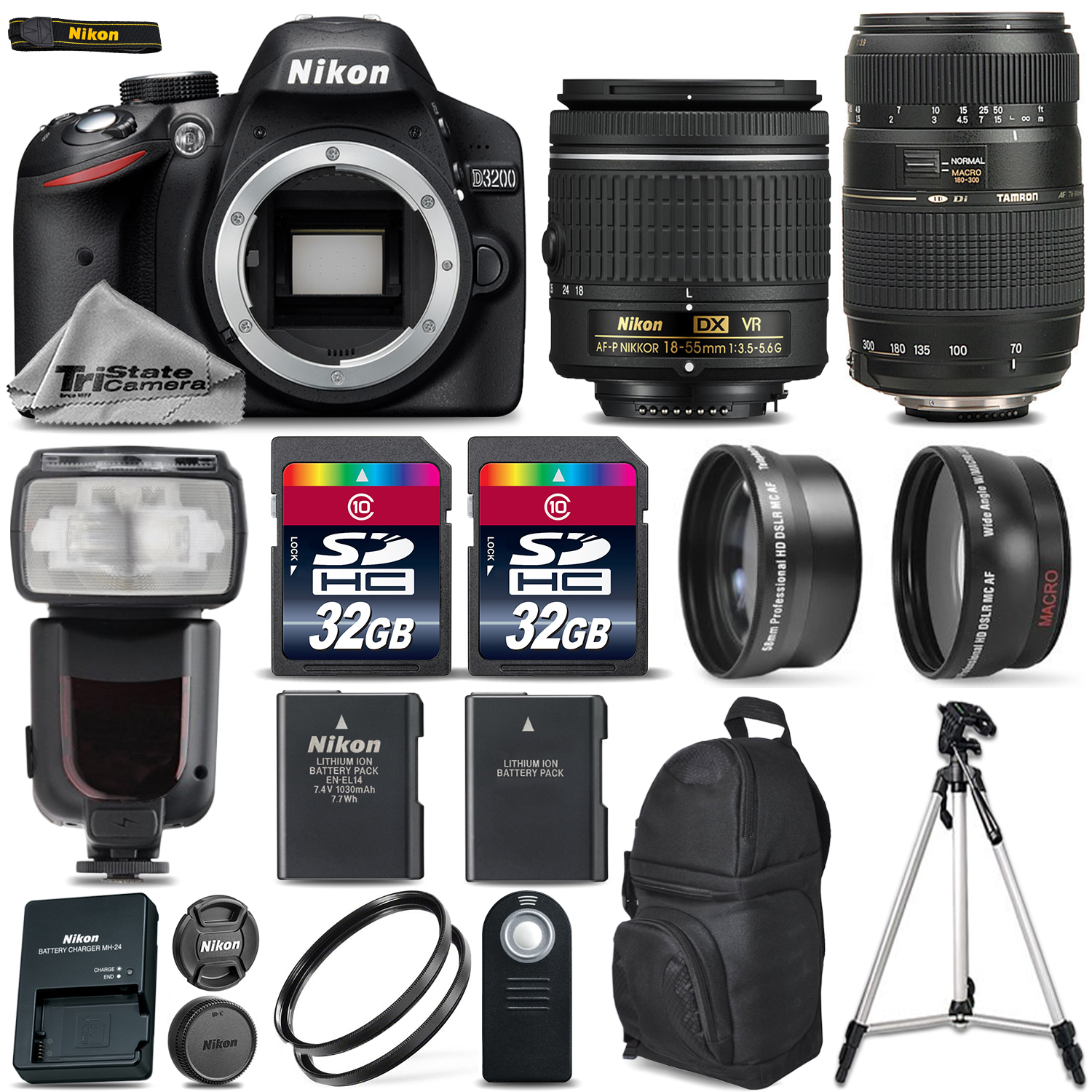 D3200 Digital SLR Camera + 4 Lens 18-55mm VR + Tamron 70-300 + 64GB + More *FREE SHIPPING*