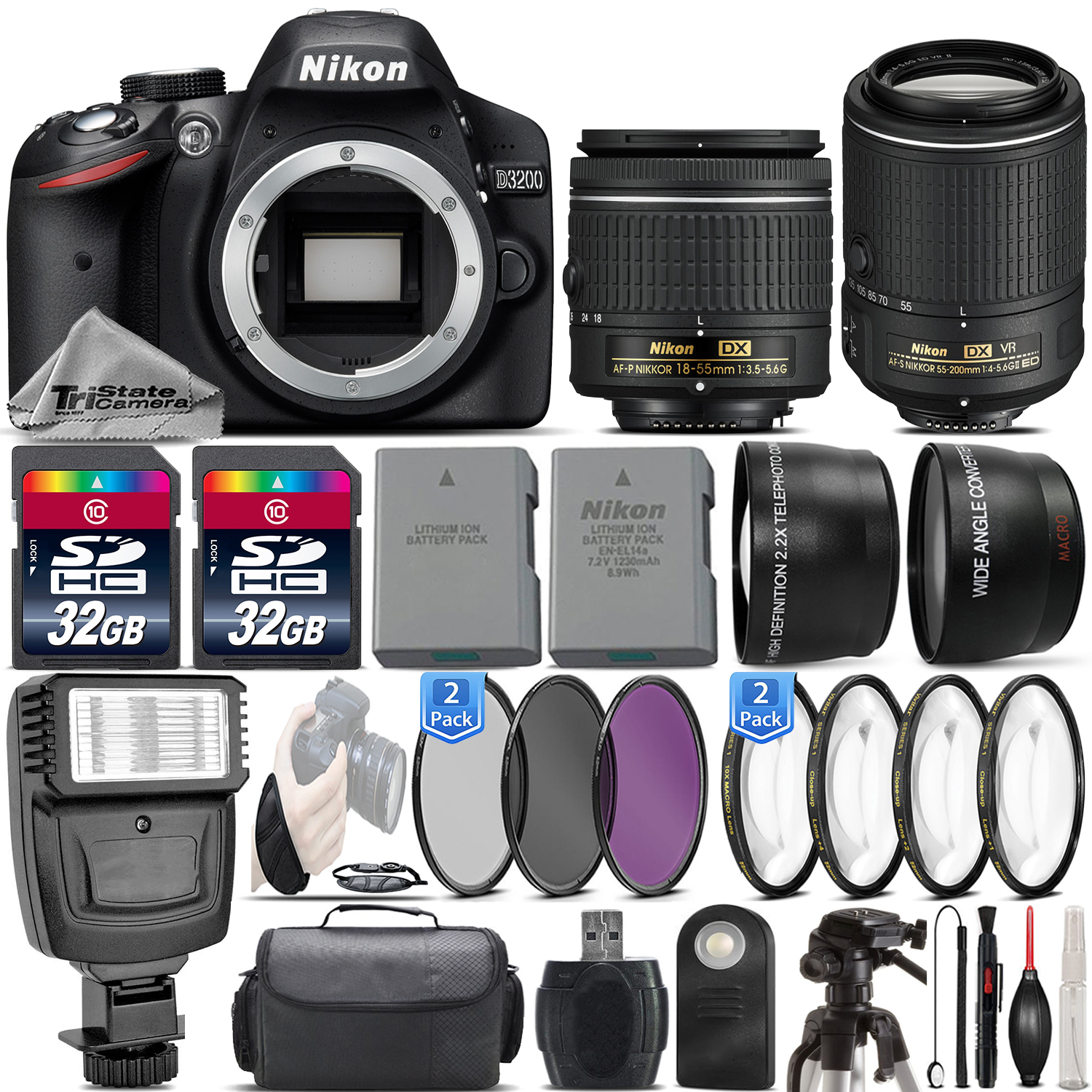 D3200 24.2MP Digital SLR Camera + 18-55mm Lens + 55-200mm VR II -64GB Kit *FREE SHIPPING*