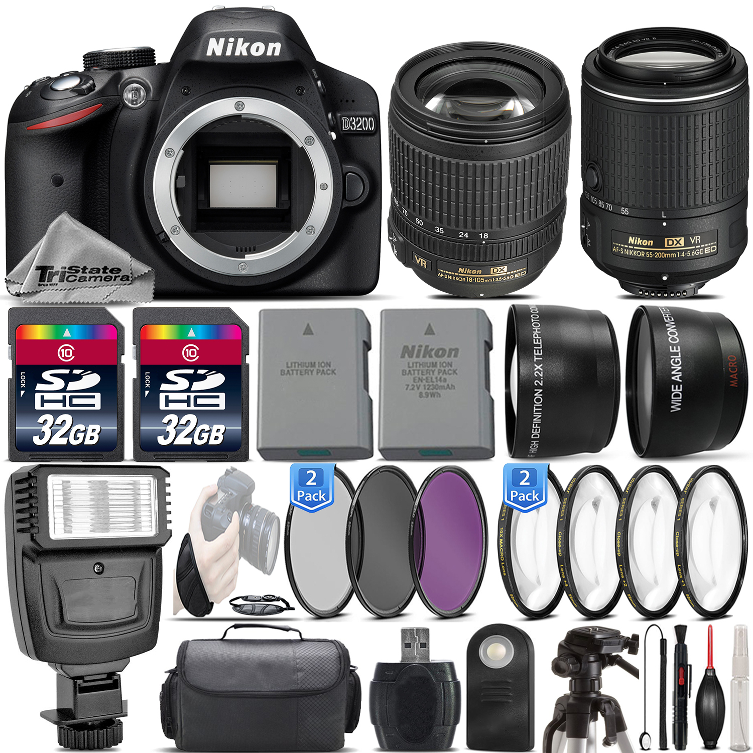 D3200 24.2MP DSLR Camera + 18-105mm VR Lens + 55-200mm VR II - 64GB Kit *FREE SHIPPING*