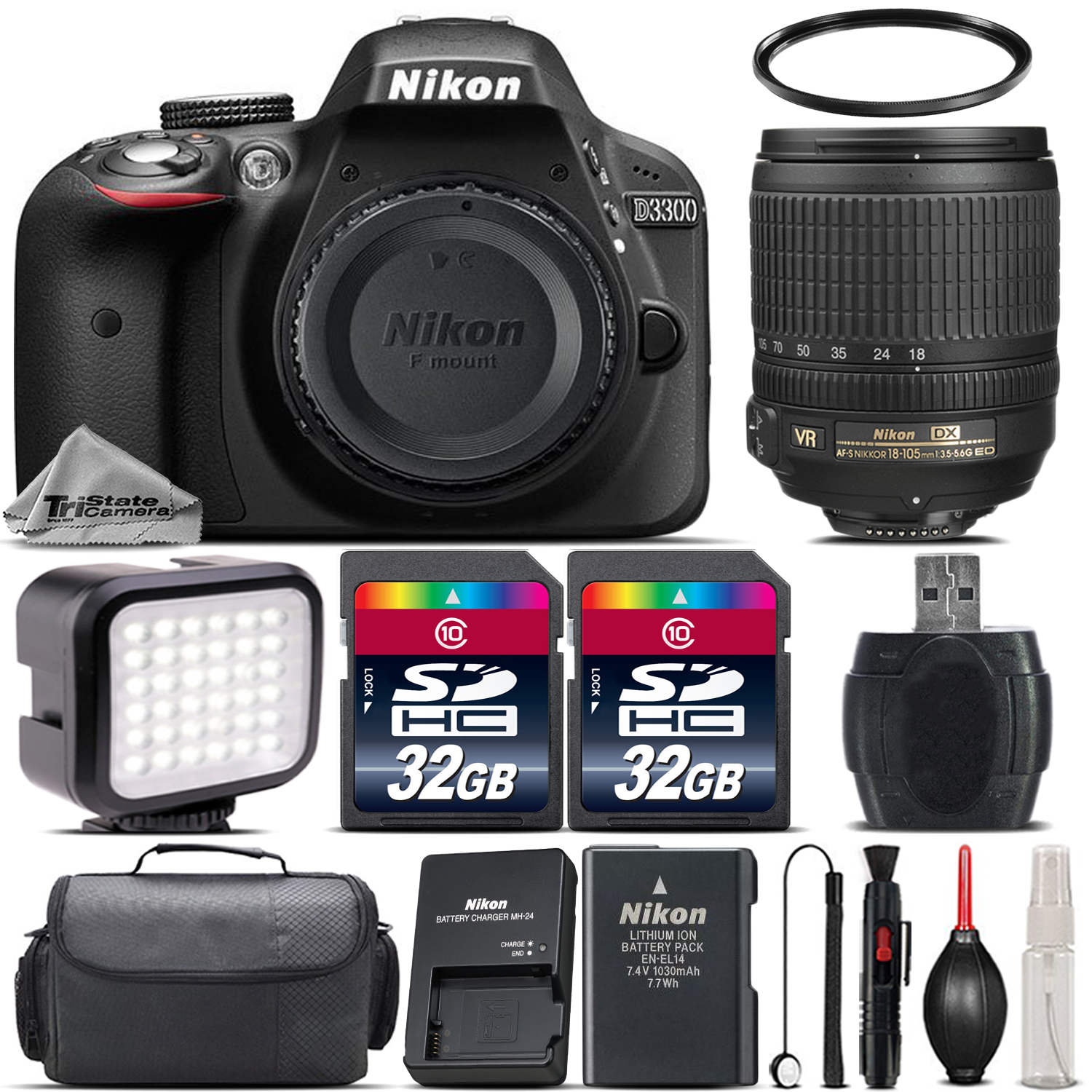 D3300 Digital SLR 24.2MP Camera + 18-105mm VR Lens + LED + Case - 64GB Kit *FREE SHIPPING*