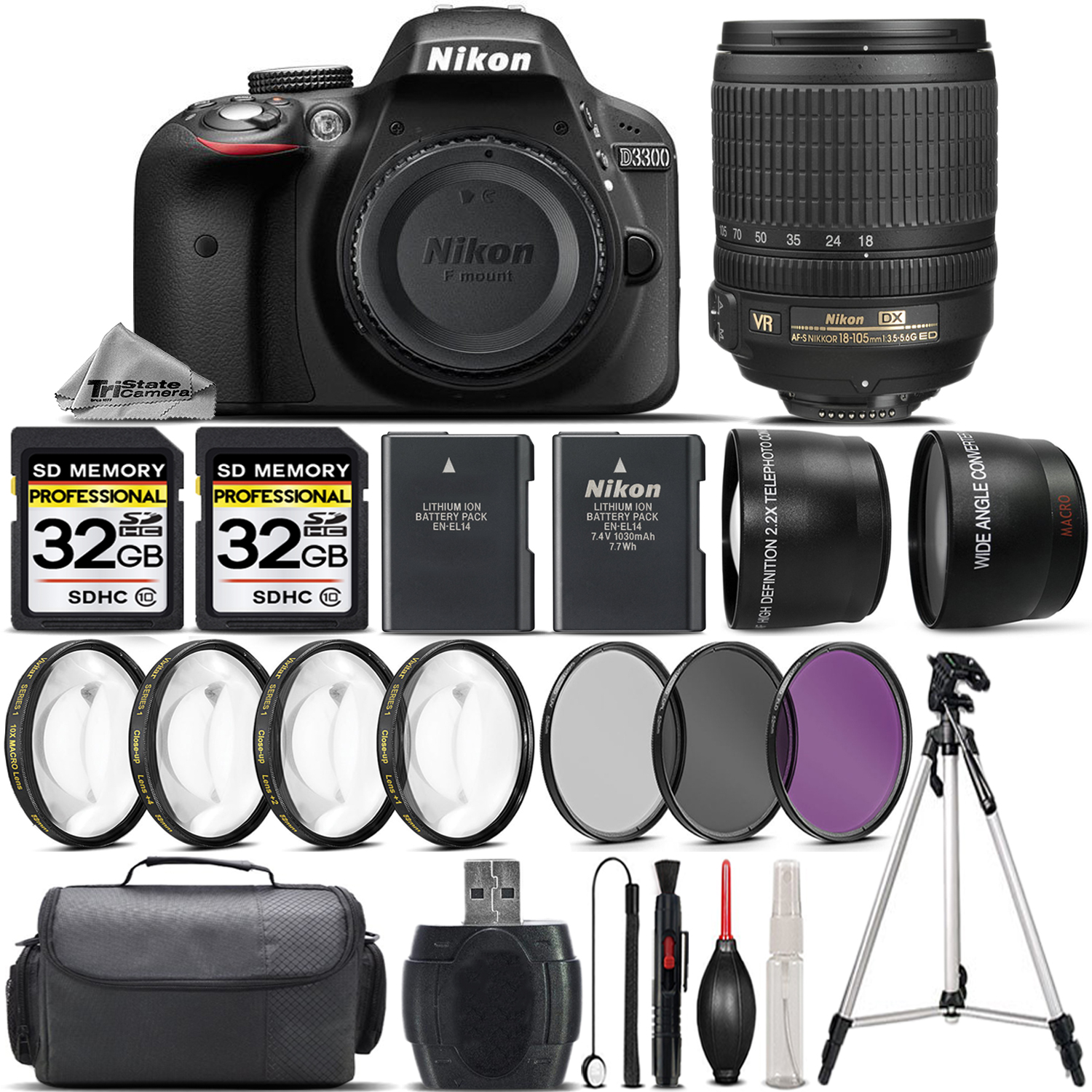 D3300 DSLR Camera with Nikon 18-105 VR Lens + Extra Battery +4PC Macro Kit *FREE SHIPPING*