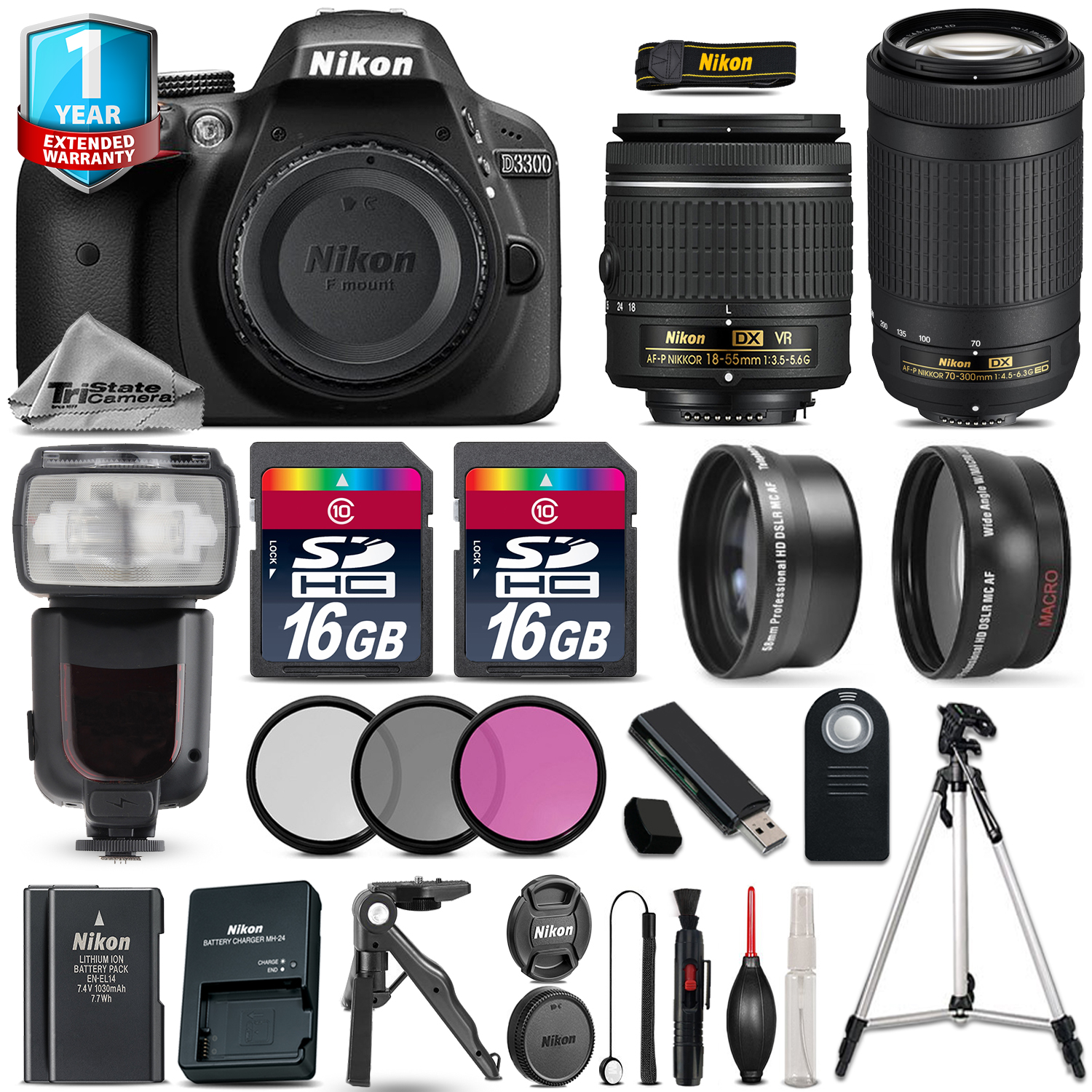 D3300 DSLR Camera + 18-55mm VR + 70-300mm + EXT BAT + Flash + 1yr Warranty *FREE SHIPPING*
