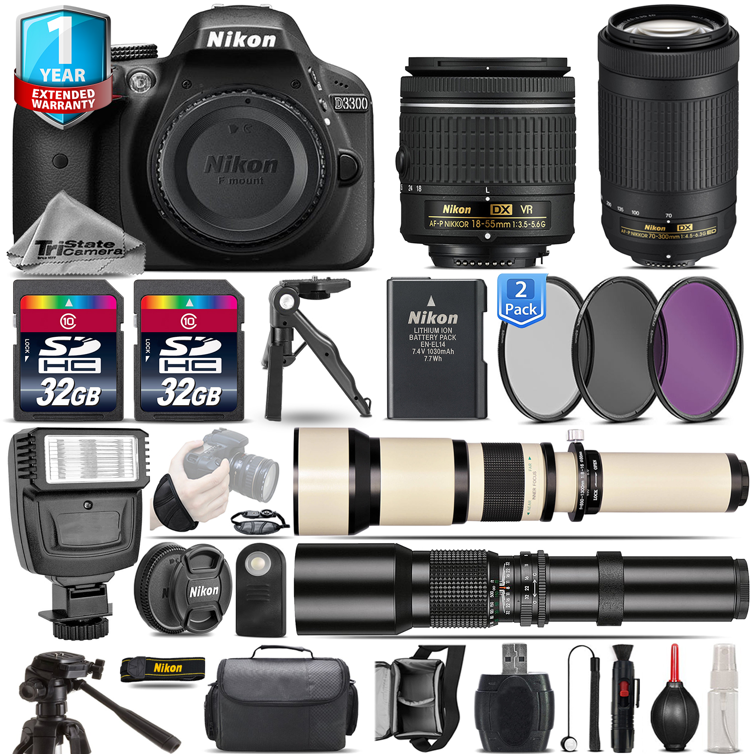 D3300 DSLR Camera + 18-55mm VR + 70-300mm + Flash + 1yr Warranty + 64GB *FREE SHIPPING*