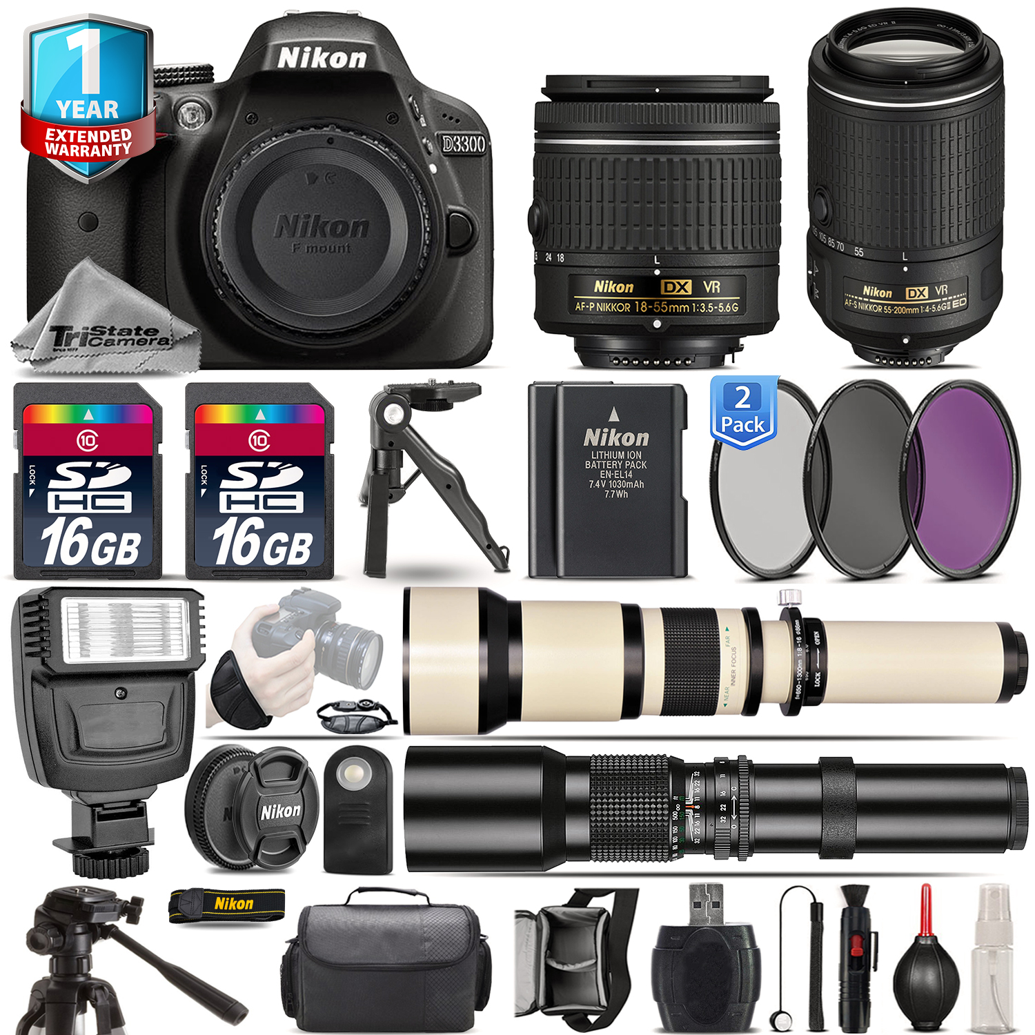 D3300 DSLR Camera + 18-55mm VR + 55-200mm VR II + EXT BAT + 1yr Warranty *FREE SHIPPING*