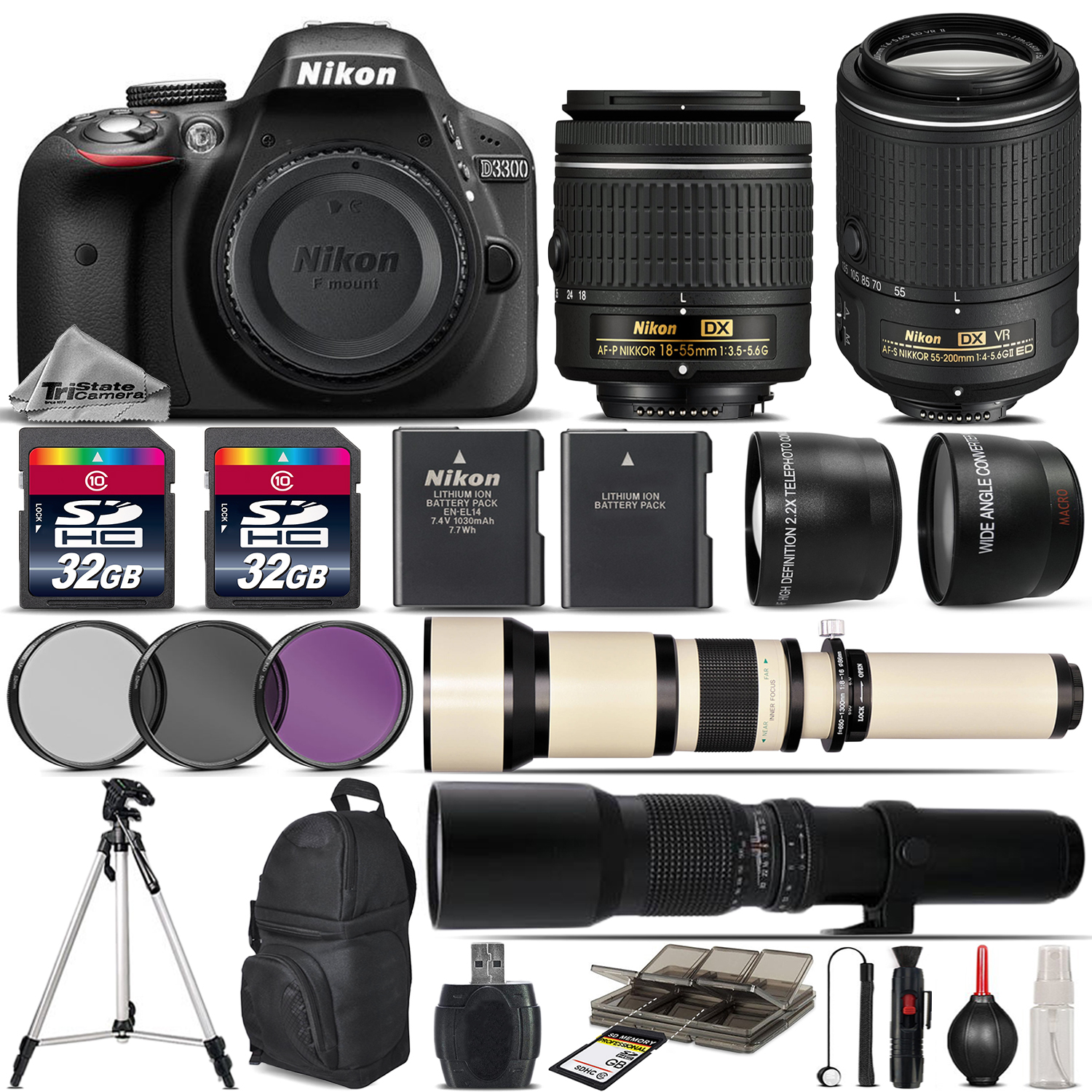 D3300 DSLR Camera + 18-55mm AF P Lens + 55-200mm VR II + 650-1300mm +500mm *FREE SHIPPING*