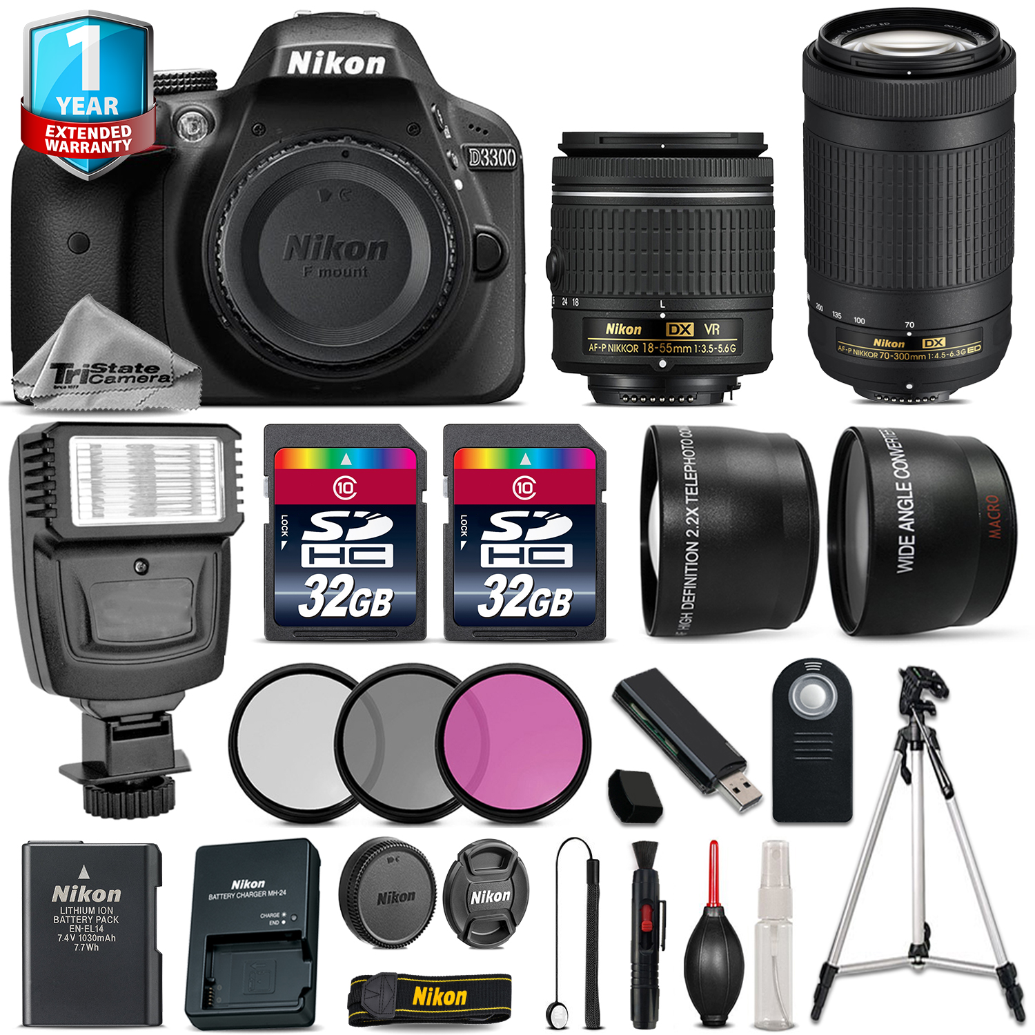 D3300 DSLR Camera + 18-55mm VR + 70-300mm + 64GB + Flash + 1yr Warranty *FREE SHIPPING*