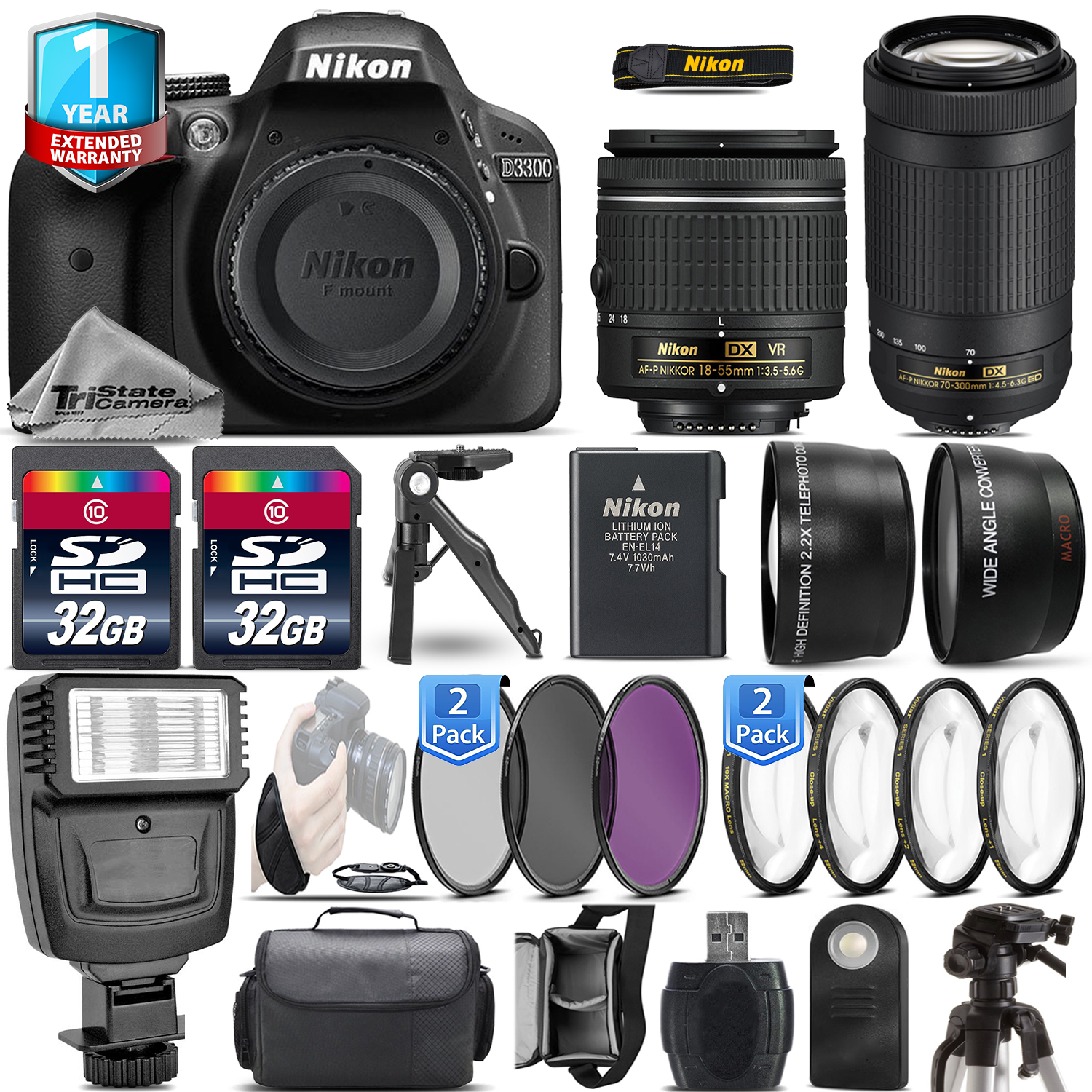 D3300 DSLR Camera + 18-55mm VR + Nikon 70-300mm + 1yr Warranty - 64GB Kit *FREE SHIPPING*