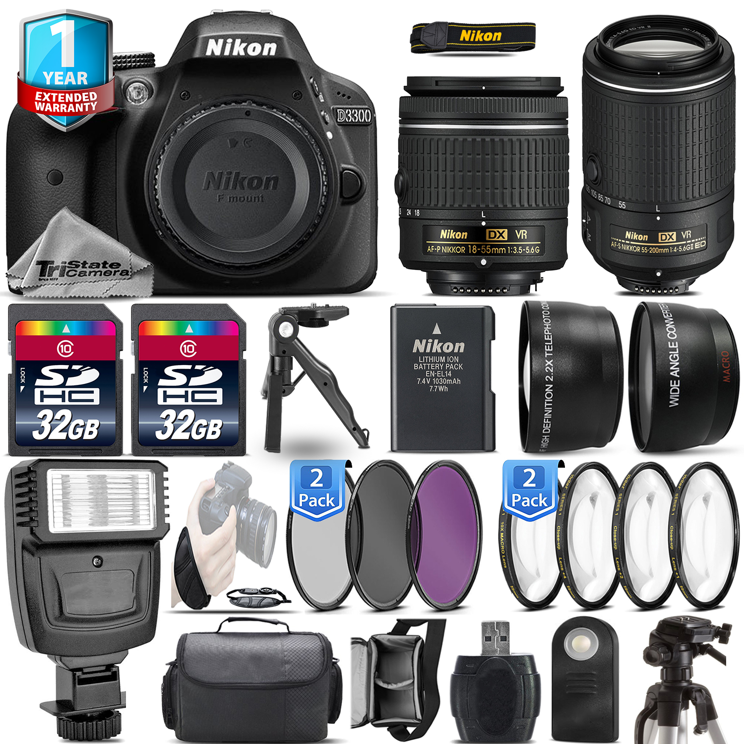 D3300 DSLR Camera + 18-55mm VR + 55-200mm VR II + Flash + 1yr Warranty *FREE SHIPPING*