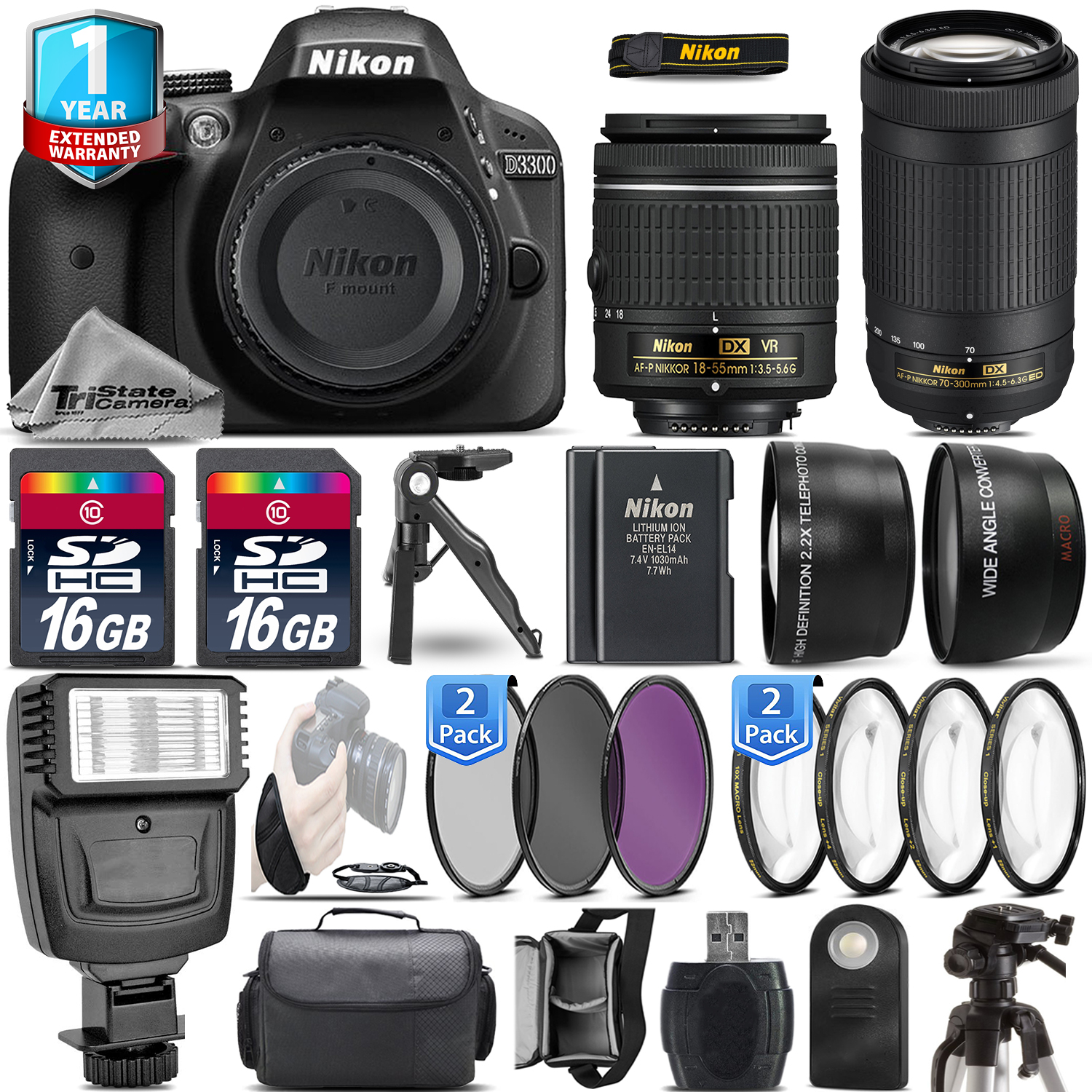 D3300 DSLR Camera + 18-55mm VR + Nikon 70-300  + EXT BATT + 1yr Warranty *FREE SHIPPING*