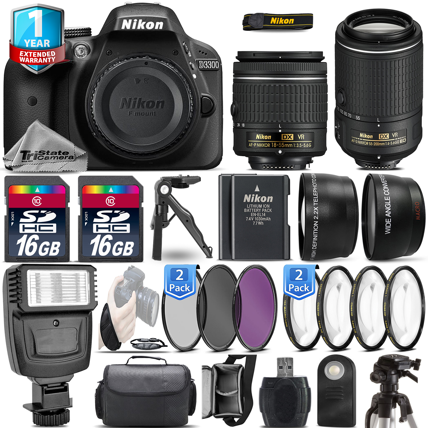 D3300 DSLR Camera + 18-55mm VR + 55-200mm VR II + EXT BAT + 1yr Warranty *FREE SHIPPING*