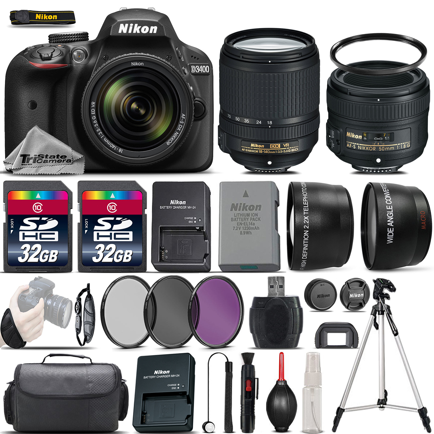 D3400 DSLR Black Camera + 18-140mm VR + 50mm 1.8G Lens + 64GB -4 Lens Kit *FREE SHIPPING*