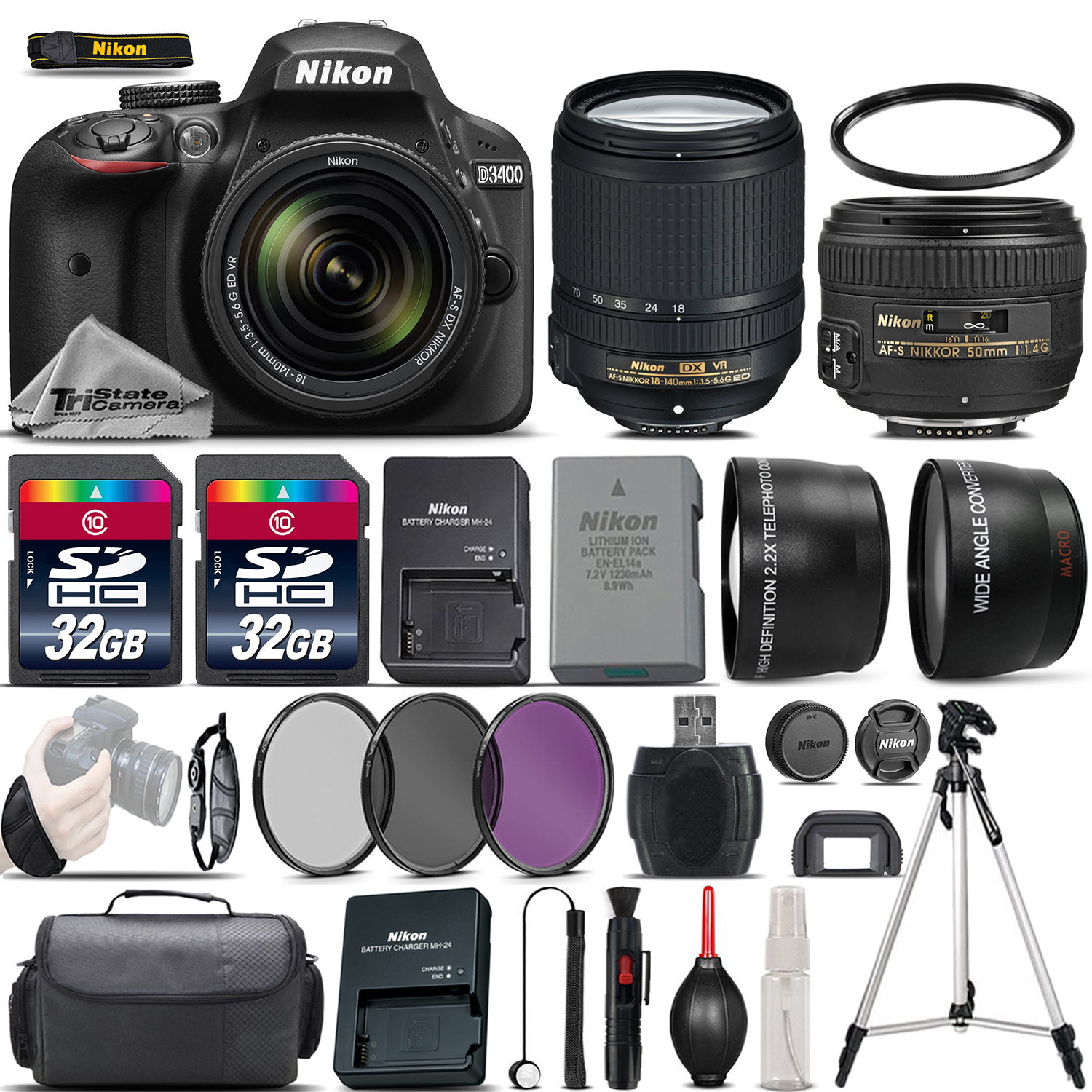 D3400 DSLR Camera Black + 18-140mm VR + 50mm 1.4G Lens + 64GB -4 Lens Kit *FREE SHIPPING*