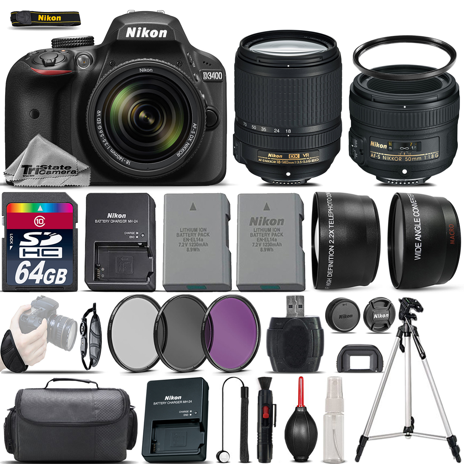 D3400 DSLR Camera Black + 18-140mm VR + 50mm 1.8G Lens + EXT BATT - 64GB *FREE SHIPPING*