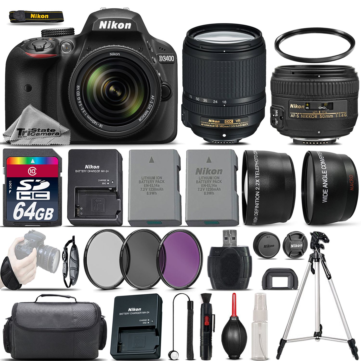 D3400 DSLR Camera Black + 18-140mm VR + 50mm 1.4G Lens + EXT BATT - 64GB *FREE SHIPPING*