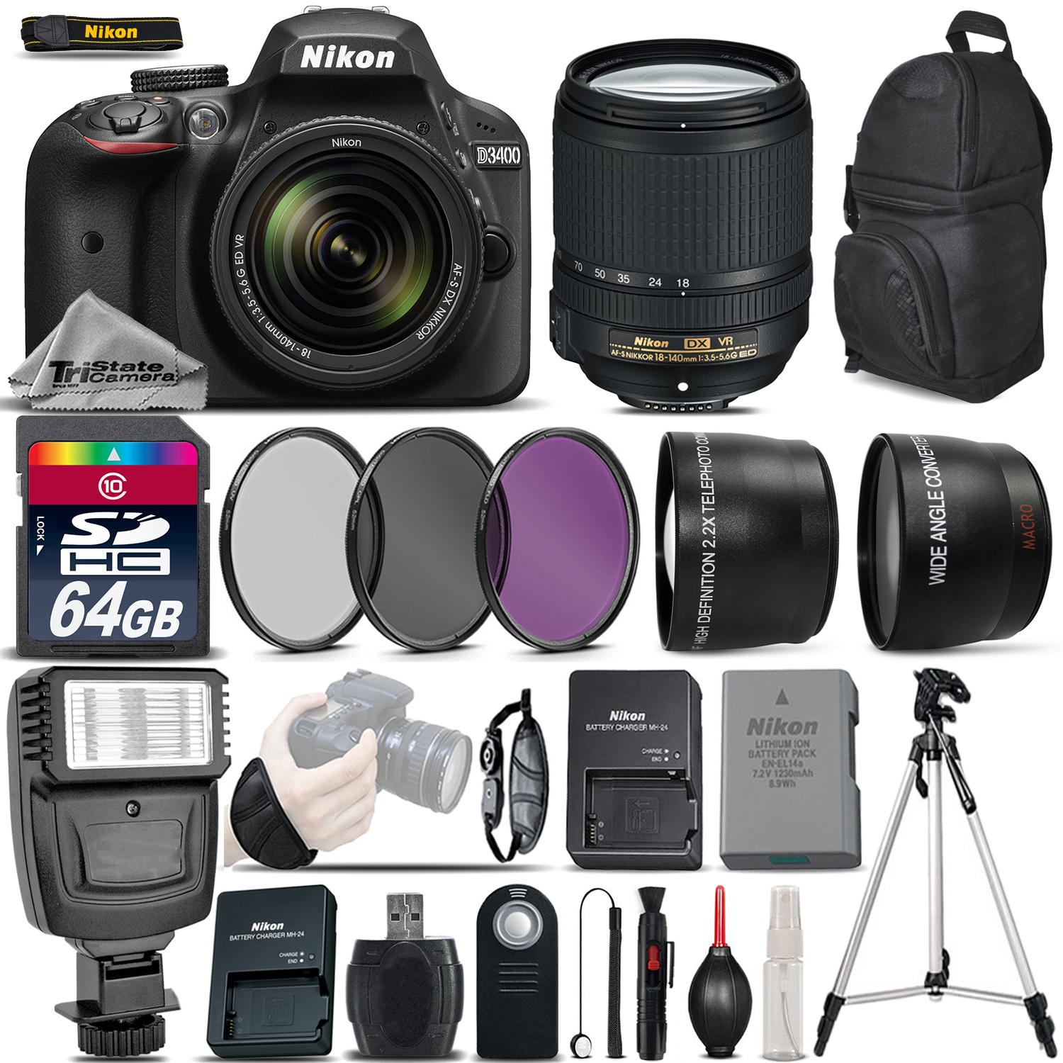 D3400 Camera Black 24.2MP +Nikon 18-140mm VR Lens - Ultimate Saving Bundle *FREE SHIPPING*
