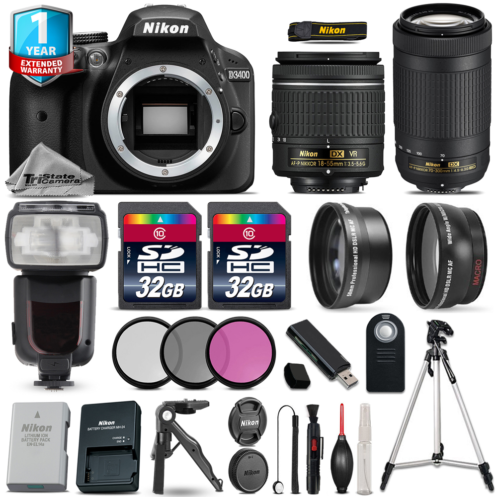 D3400 DSLR Camera + 18-55mm VR + 70-300mm + 64GB + Pro Flash +1yr Warranty *FREE SHIPPING*