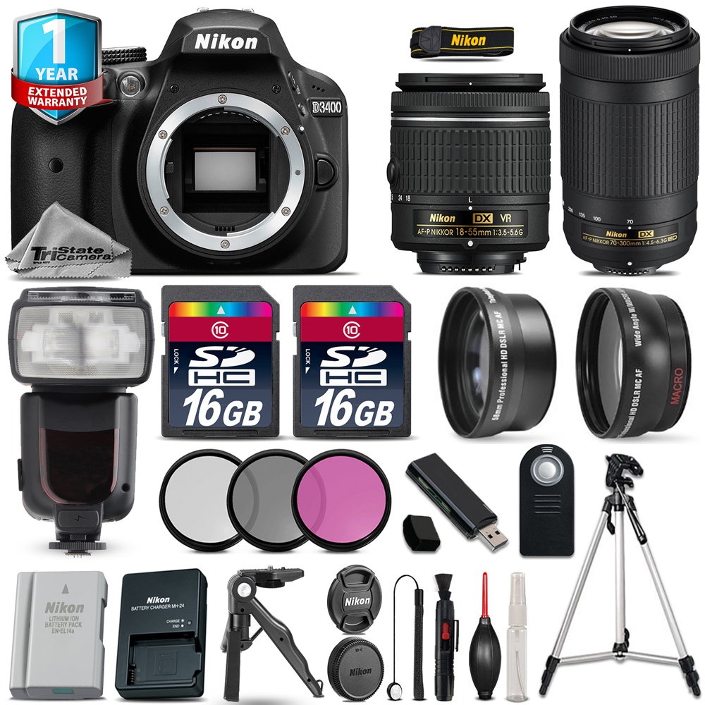 D3400 DSLR Camera + 18-55mm VR + 70-300mm + EXT BAT + Flash + 1yr Warranty *FREE SHIPPING*