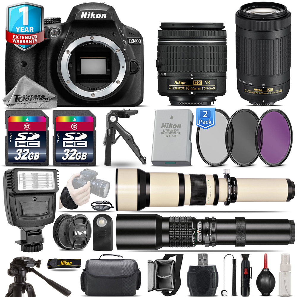 D3400 DSLR Camera + 18-55mm VR + 70-300mm + Flash + 1yr Warranty + 64GB *FREE SHIPPING*