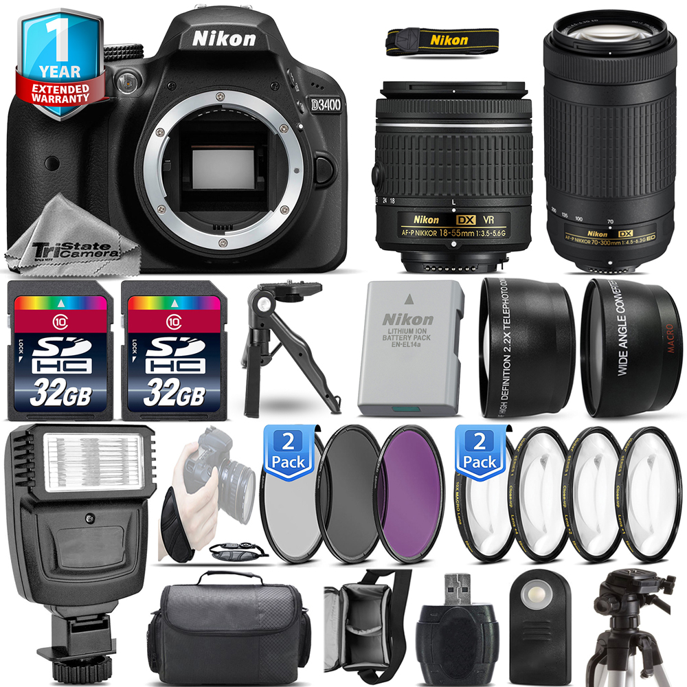 D3400 DSLR Camera + 18-55mm VR + 70-300mm + 1yr Warranty - 64GB Kit *FREE SHIPPING*