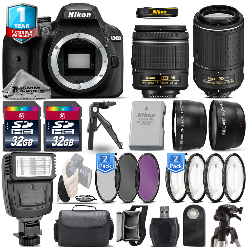 D3400 DSLR Camera + 18-55mm VR + 55-200mm VR II + Flash + 1yr Warranty *FREE SHIPPING*