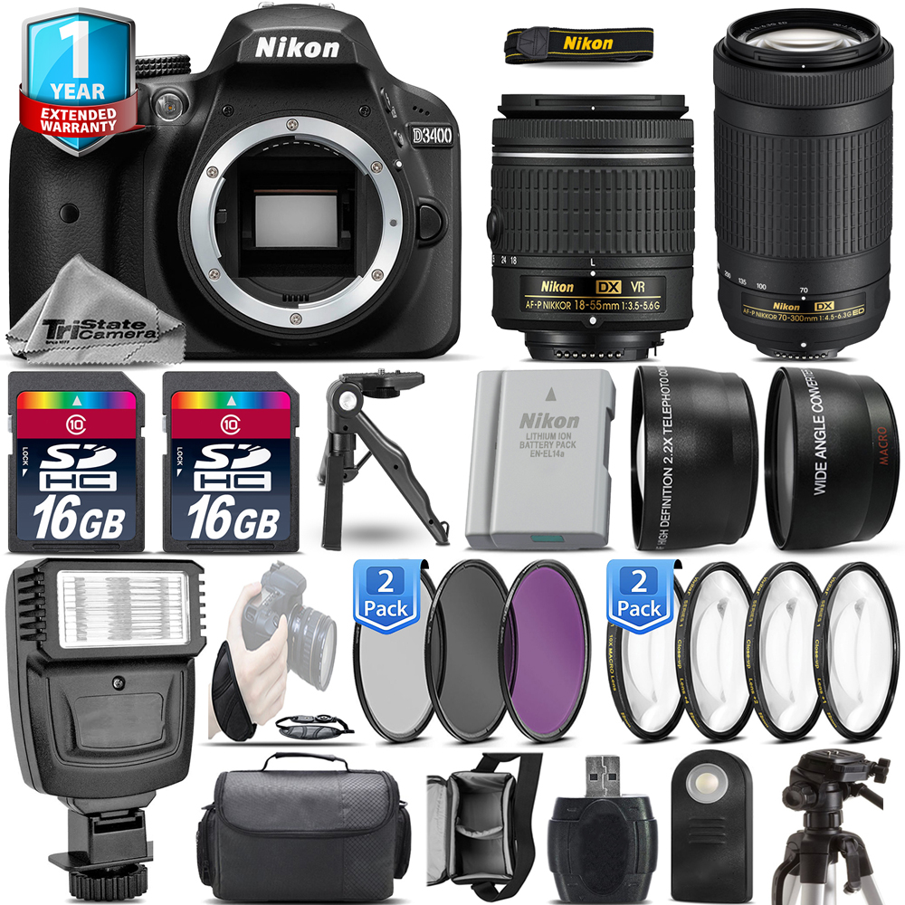 D3400 DSLR Camera + 18-55mm VR + 70-300  + EXT BATT + 1yr Warranty *FREE SHIPPING*