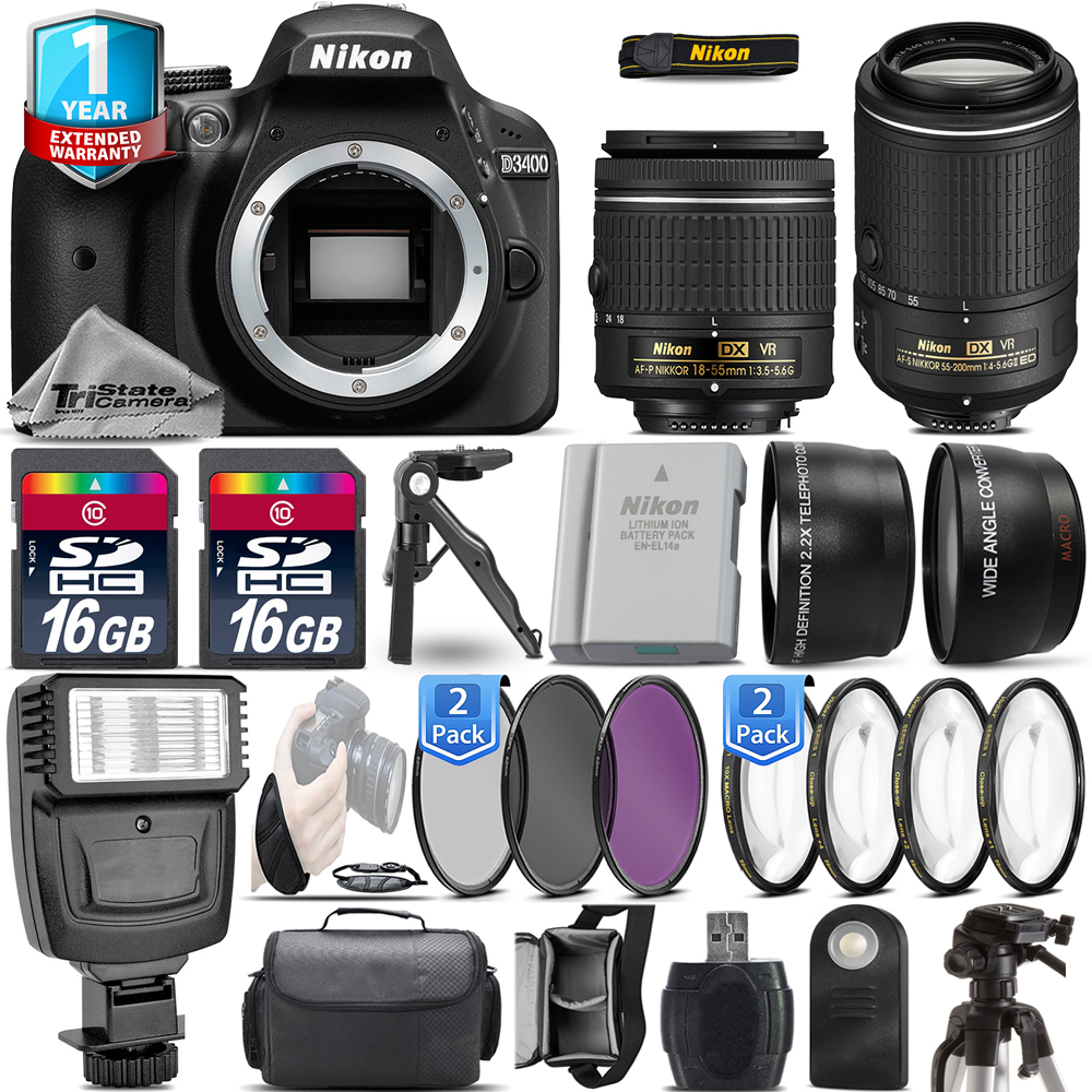 D3400 DSLR Camera + 18-55mm VR + 55-200mm VR II + EXT BAT + 1yr Warranty *FREE SHIPPING*