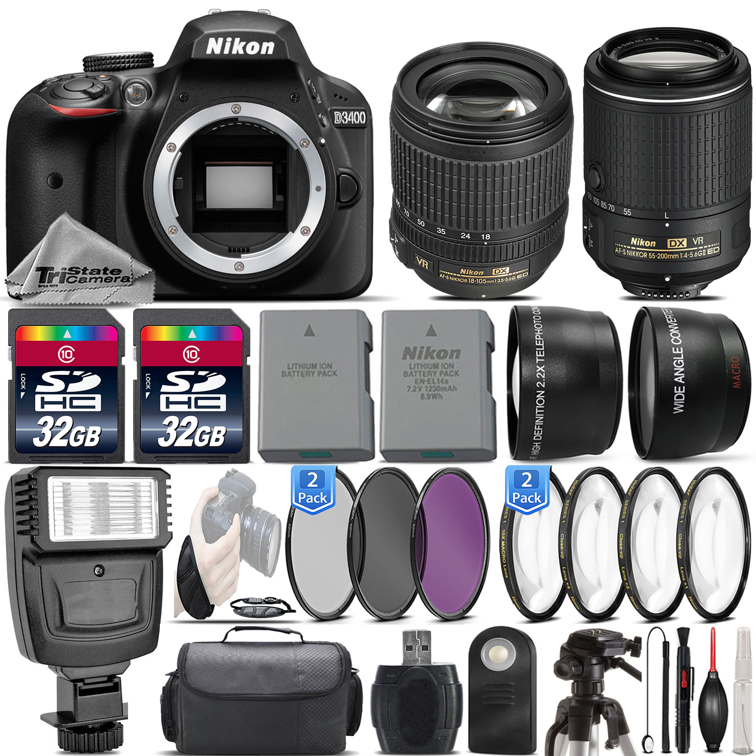 D3400 24.2MP DSLR Camera + 18-105mm VR Lens + 55-200mm VR II - 64GB Kit *FREE SHIPPING*