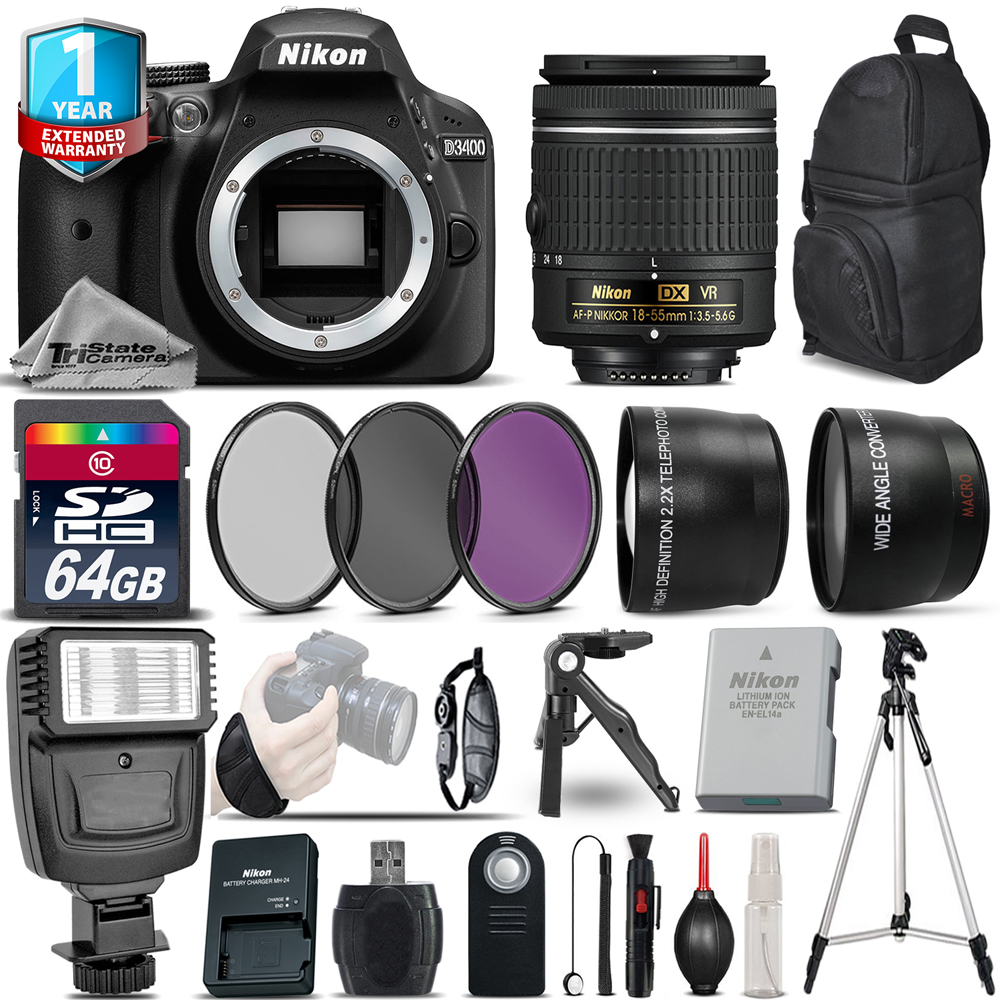 D3400 DSLR Camera + 18-55mm VR + 1yr Warranty + Filters + 64GB -Saving Kit *FREE SHIPPING*