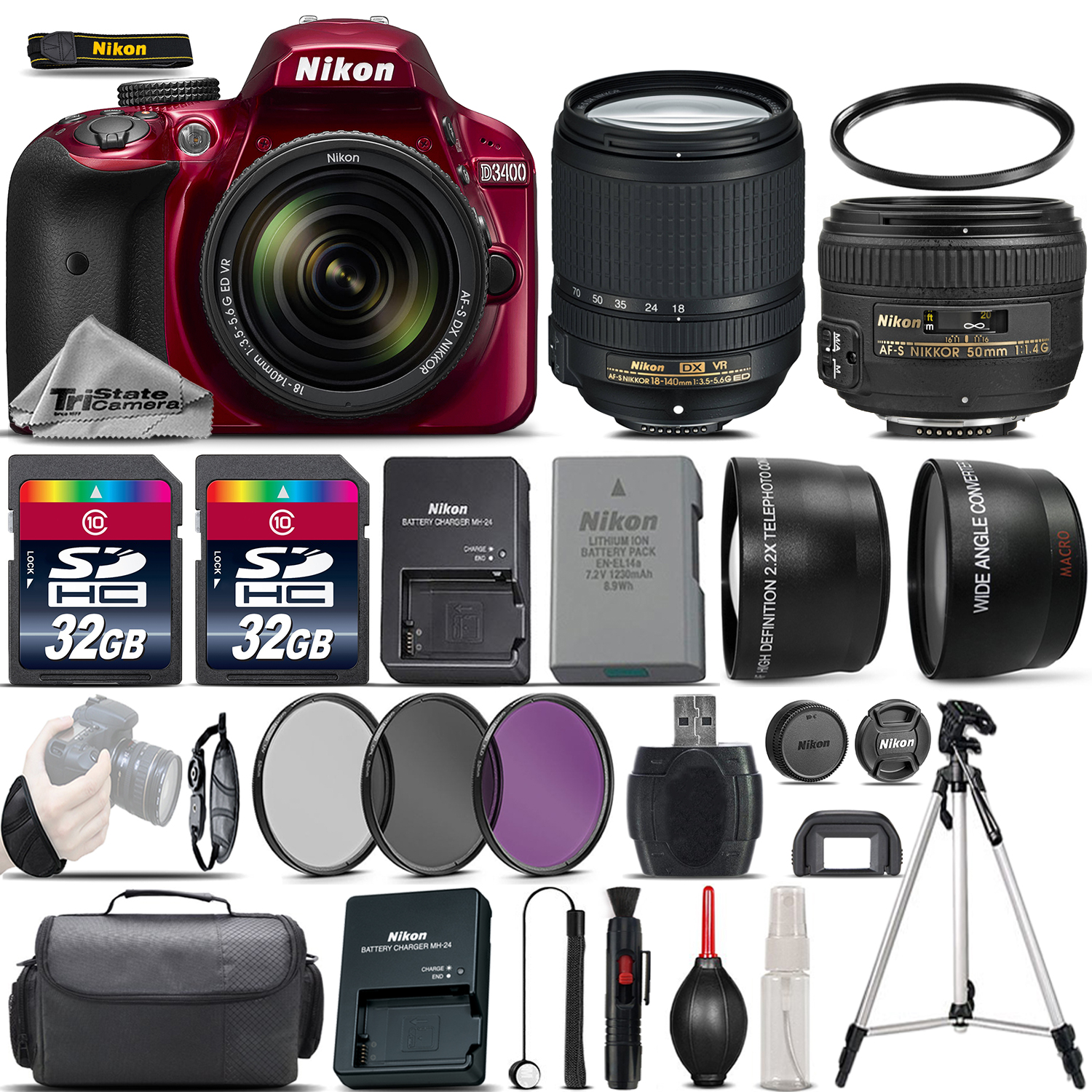D3400 Digital RED Camera + 18-140mm VR + 50mm 1.4G Lens + 64GB -4 Lens Kit *FREE SHIPPING*