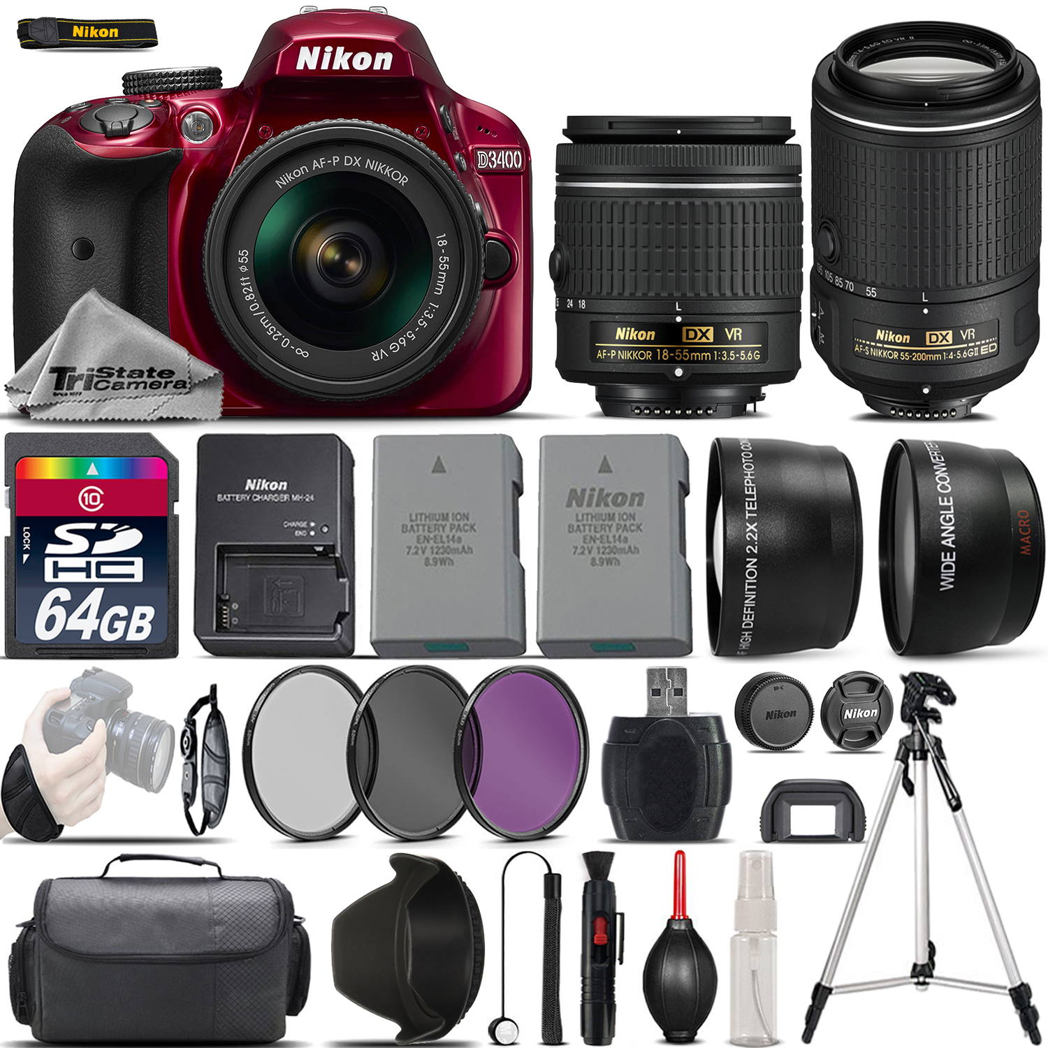 D3400 Digital SLR Camera + 18-55mm VR + 55-200mm VR II + EXT BATT + 64GB *FREE SHIPPING*