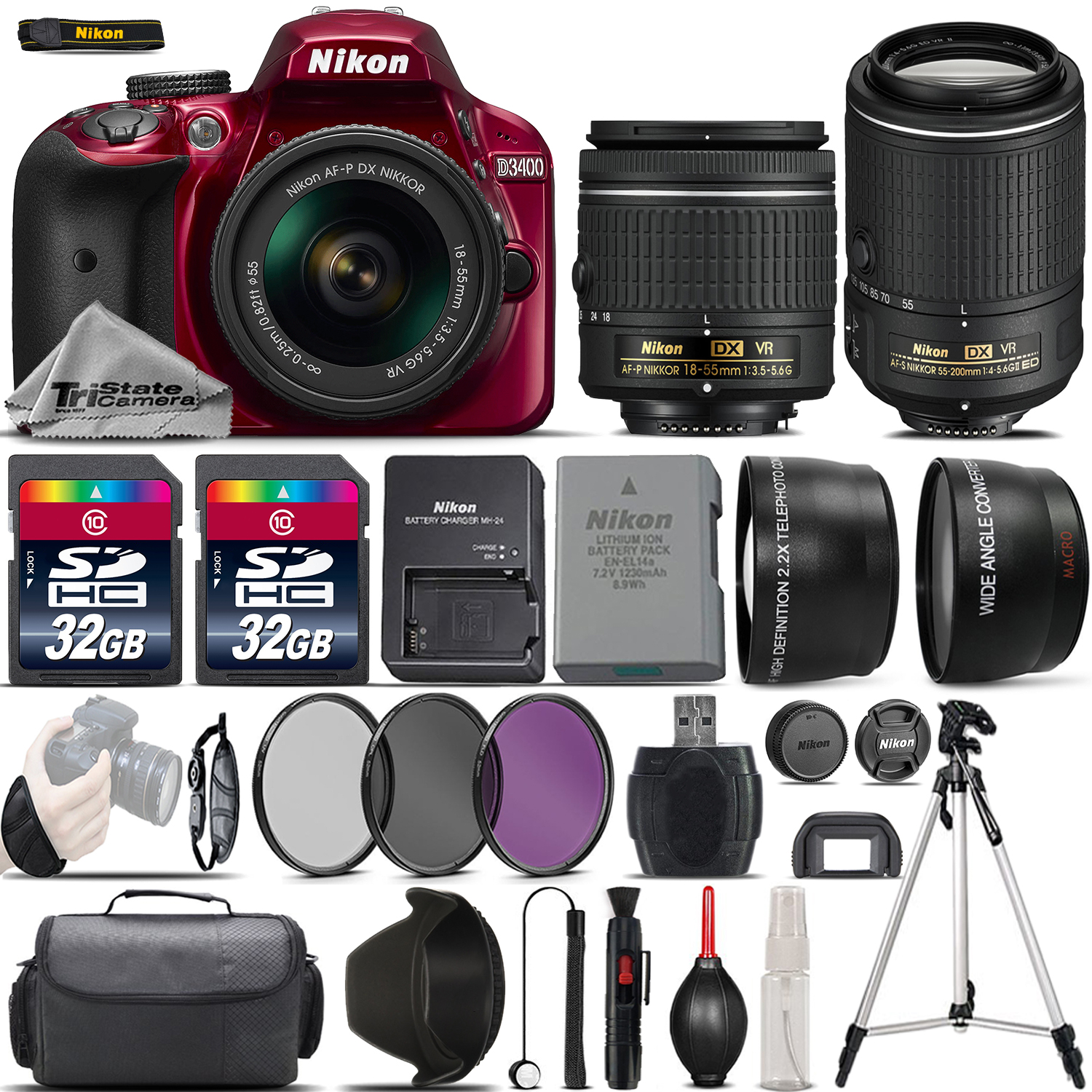 D3400 Digital SLR Camera + 18-55mm VR + 55-200mm VR II + 64GB - 4 Lens Kit *FREE SHIPPING*