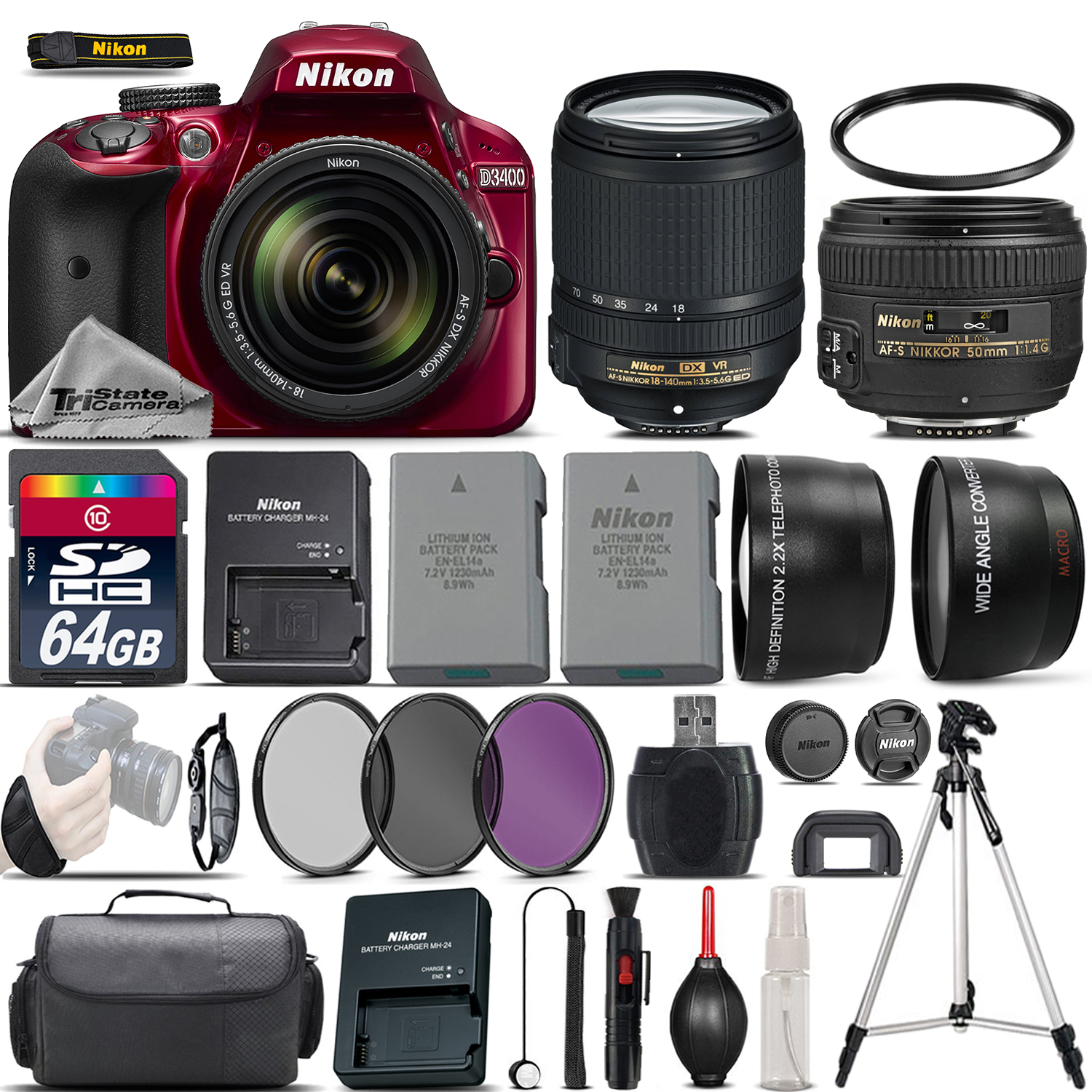 D3400 Digital RED Camera + 18-140mm VR + 50mm 1.4G Lens + EXT BATT - 64GB *FREE SHIPPING*