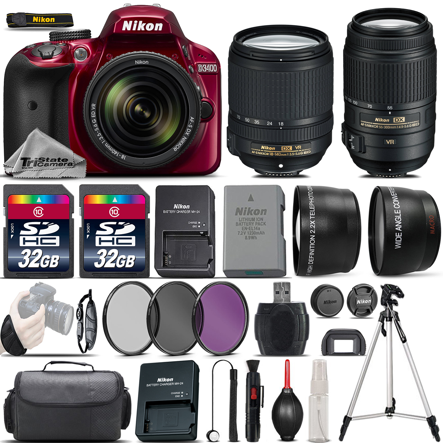 D3400 Digital RED Camera + 18-140mm VR + 55-300mm VR + 64GB - 4 Lens Kit *FREE SHIPPING*