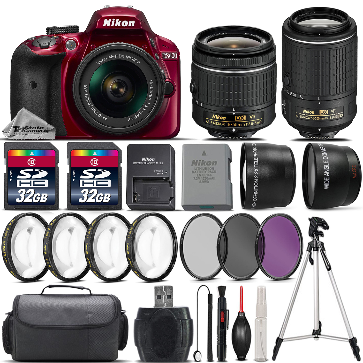 D3400 DSLR Camera with 18-55mm VR Lens + Nikon 55-200 VR II Lens -64GB Kit *FREE SHIPPING*